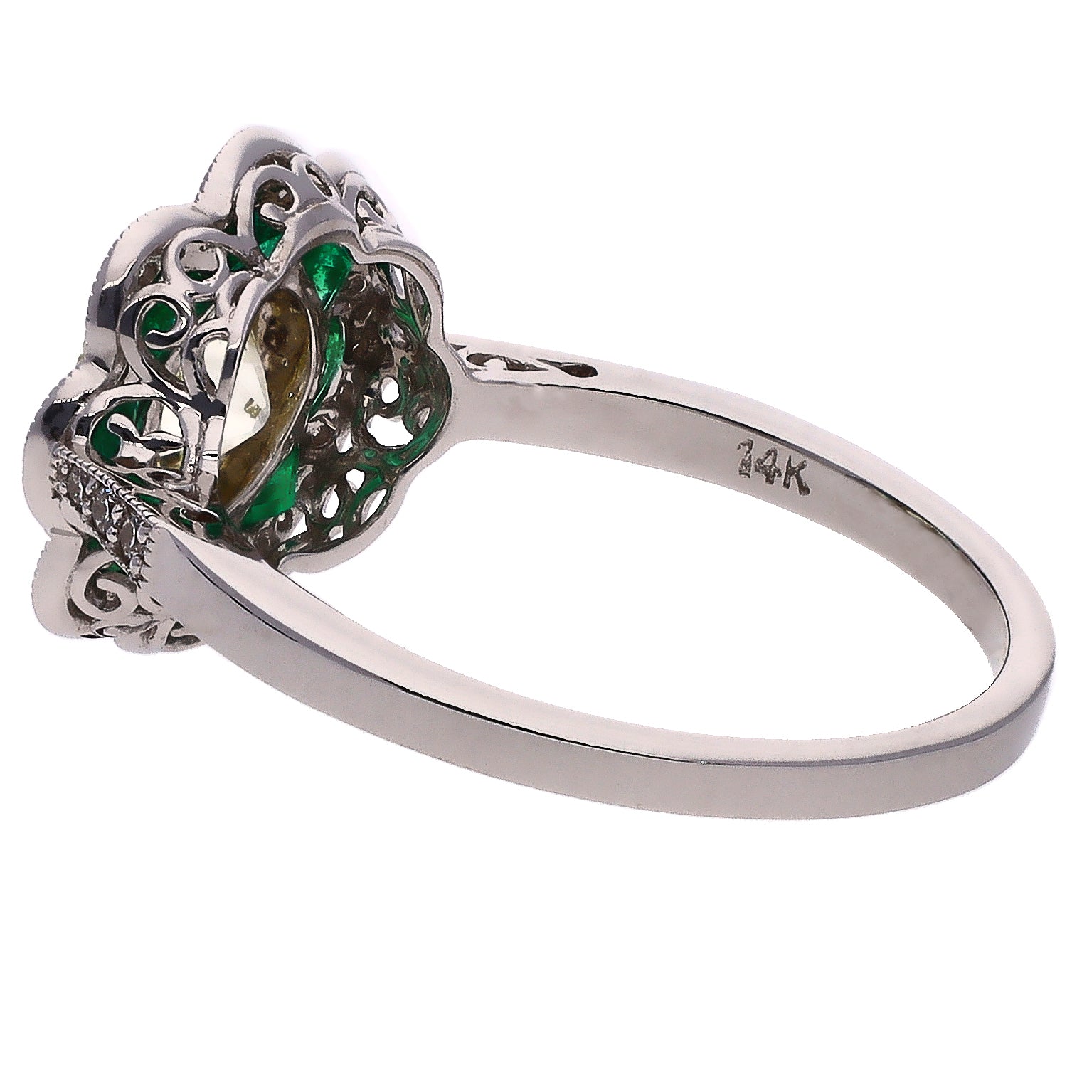 14K White Gold European Cut Diamond and Emerald Fashion Ring