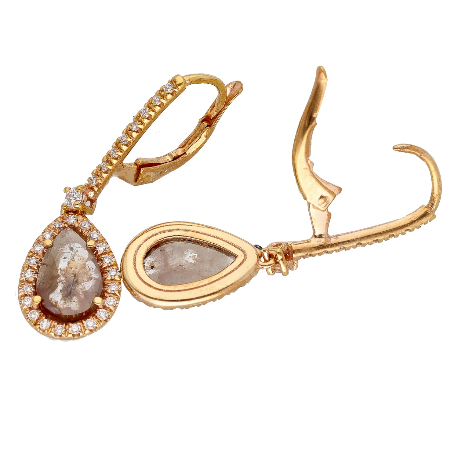 14K Rose Gold Rough Cut Diamond with Diamond Halos Lever Back Dangle Earrings