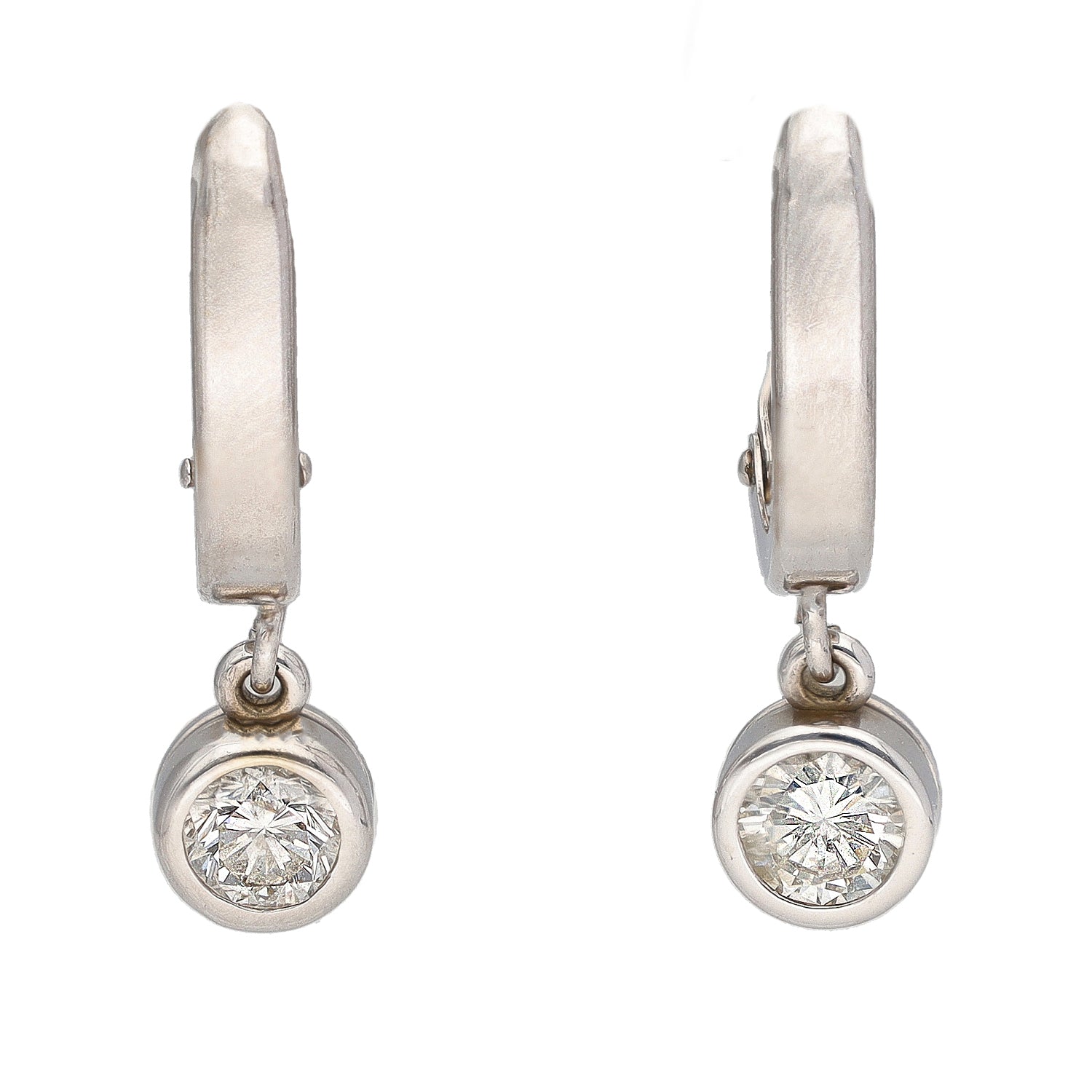 14K White Gold Bezel Set Round Diamond Drop Earrings