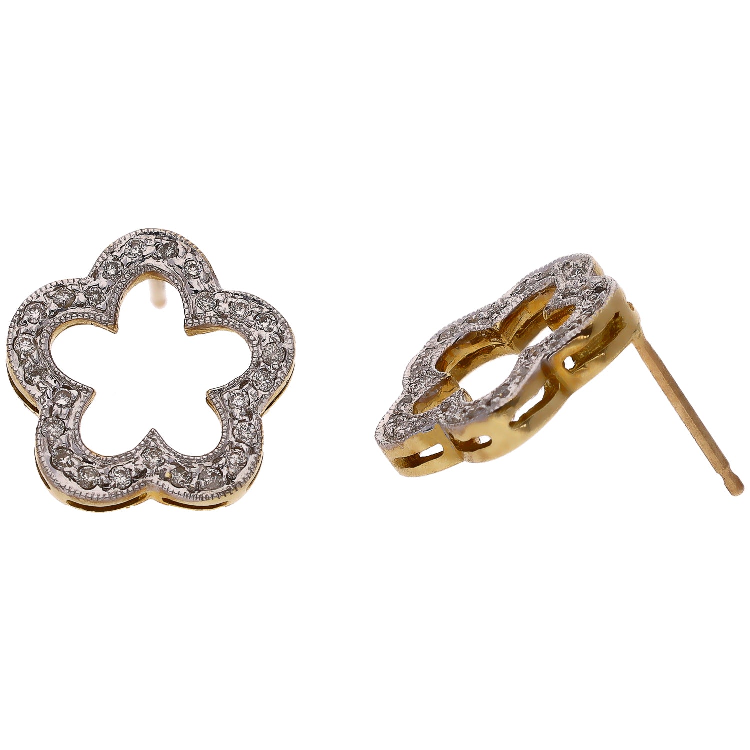 14K White and Yellow Gold Diamond Flower Shaped Earrings