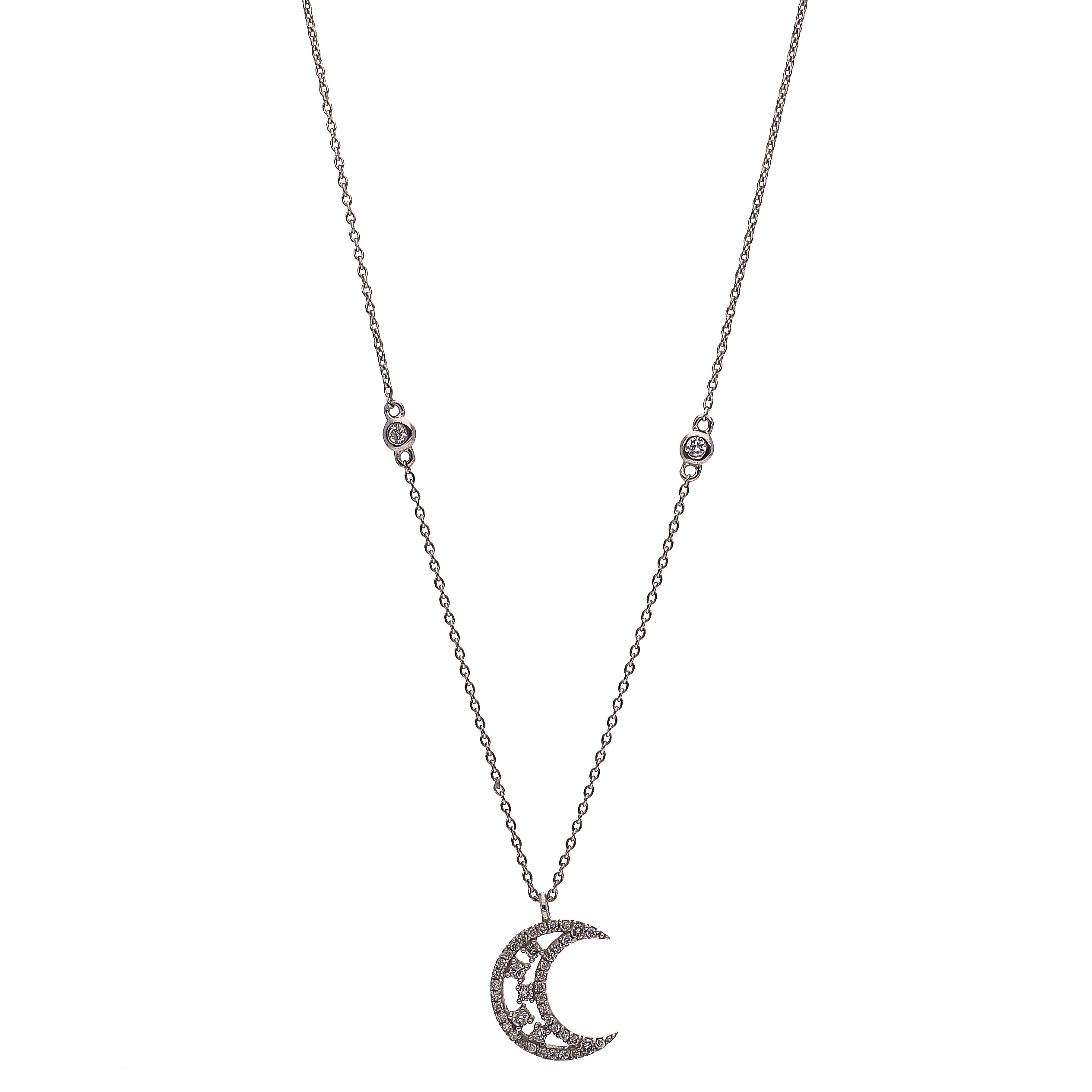 14K White Gold Diamond Moon Necklace