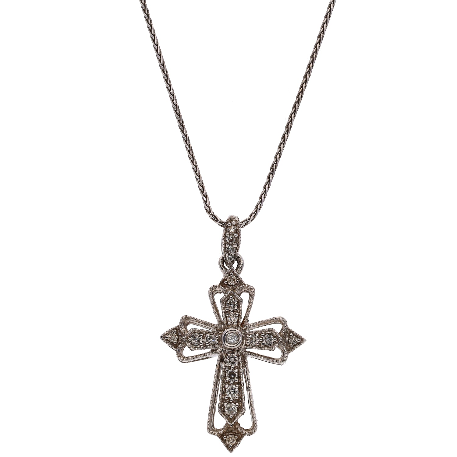 14K White Gold and Diamond Cross Necklace with 18 Inch Chain