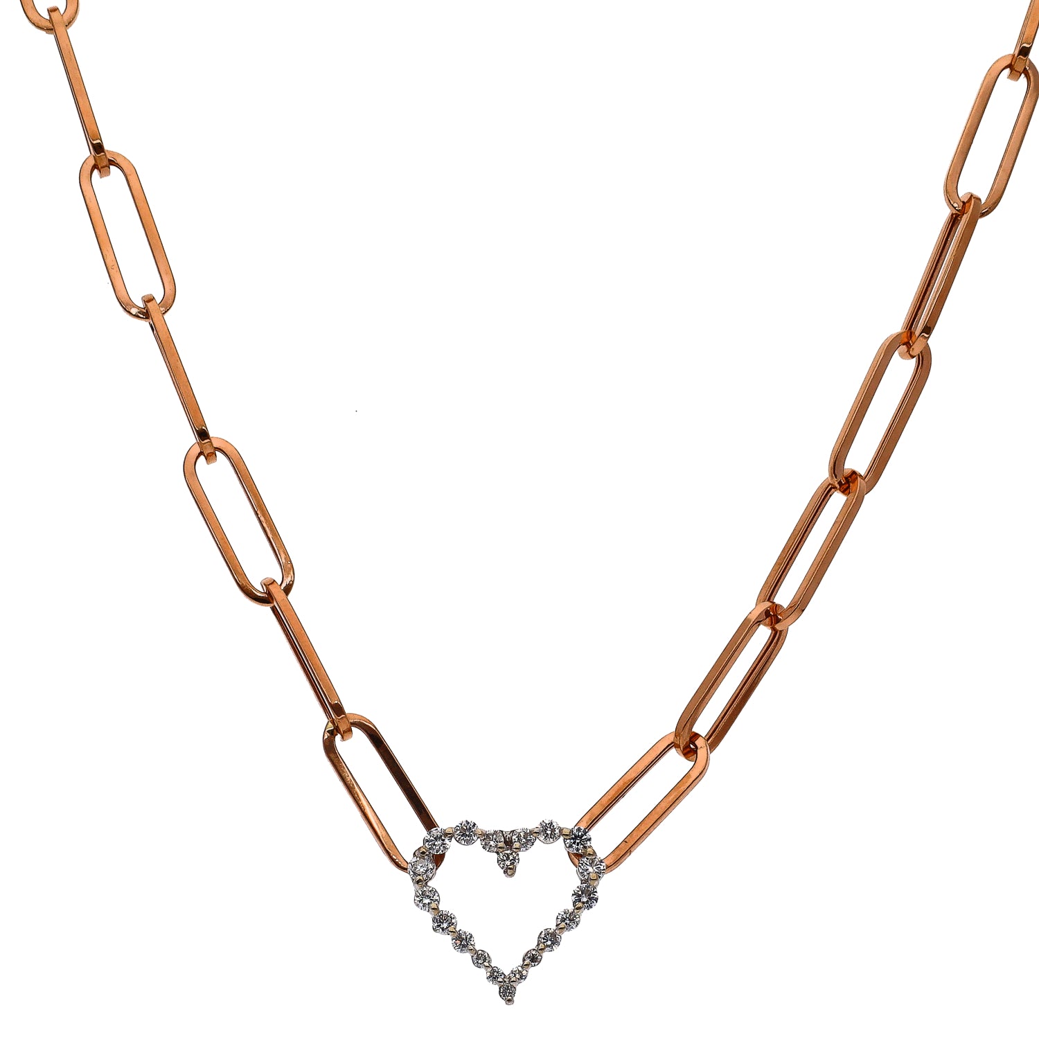 14K Rose Gold Diamond Heart Paperclip Chain
