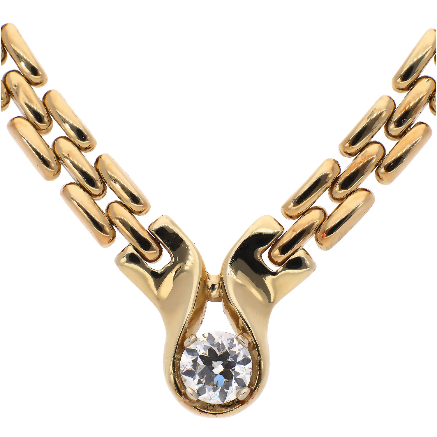14K Yellow Gold Panther Link Chain with 1.00ct Single Round Diamond Necklace