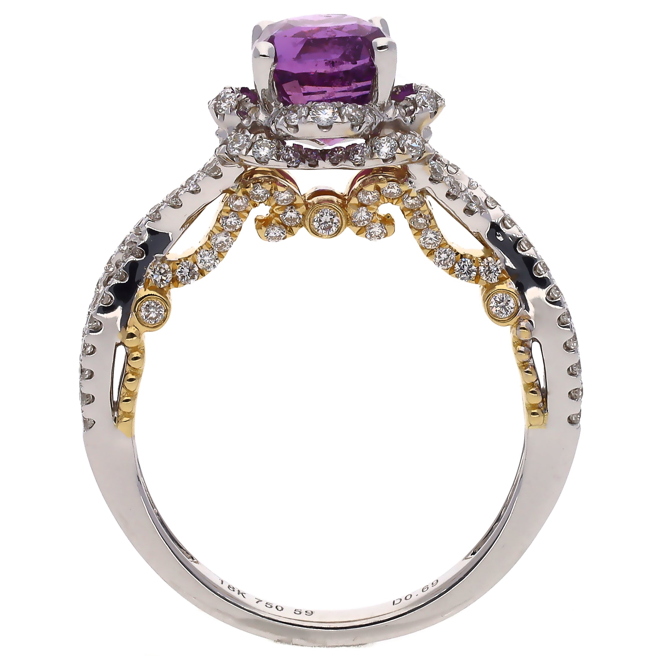 18K Two Tone White & Yellow Gold Oval Purple Sapphire and Diamond Ring