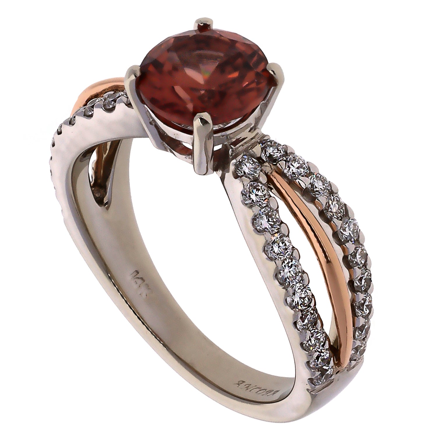 14K White and Rose Gold Ancora Designs Diamond Two Tone Shank Red Zircon Ring