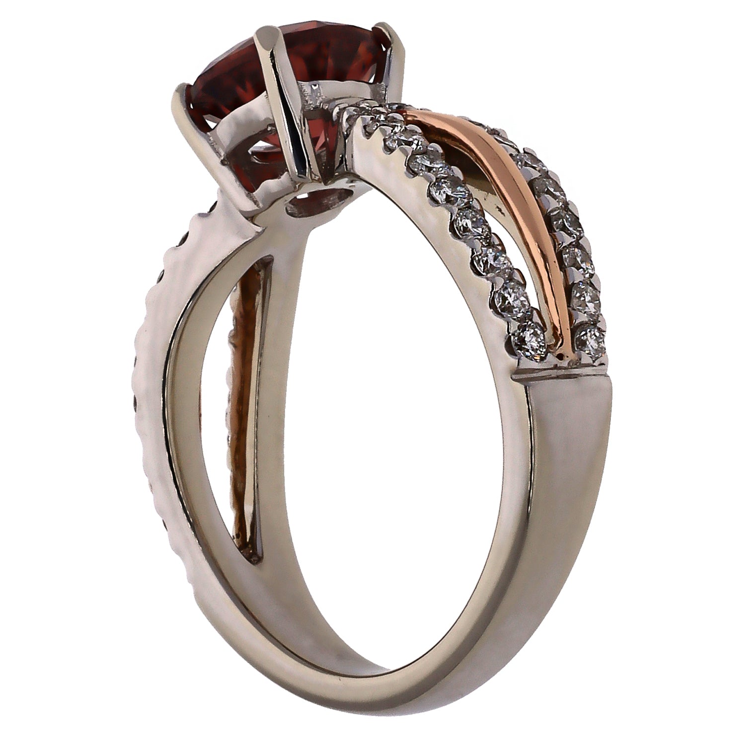 14K White and Rose Gold Ancora Designs Diamond Two Tone Shank Red Zircon Ring