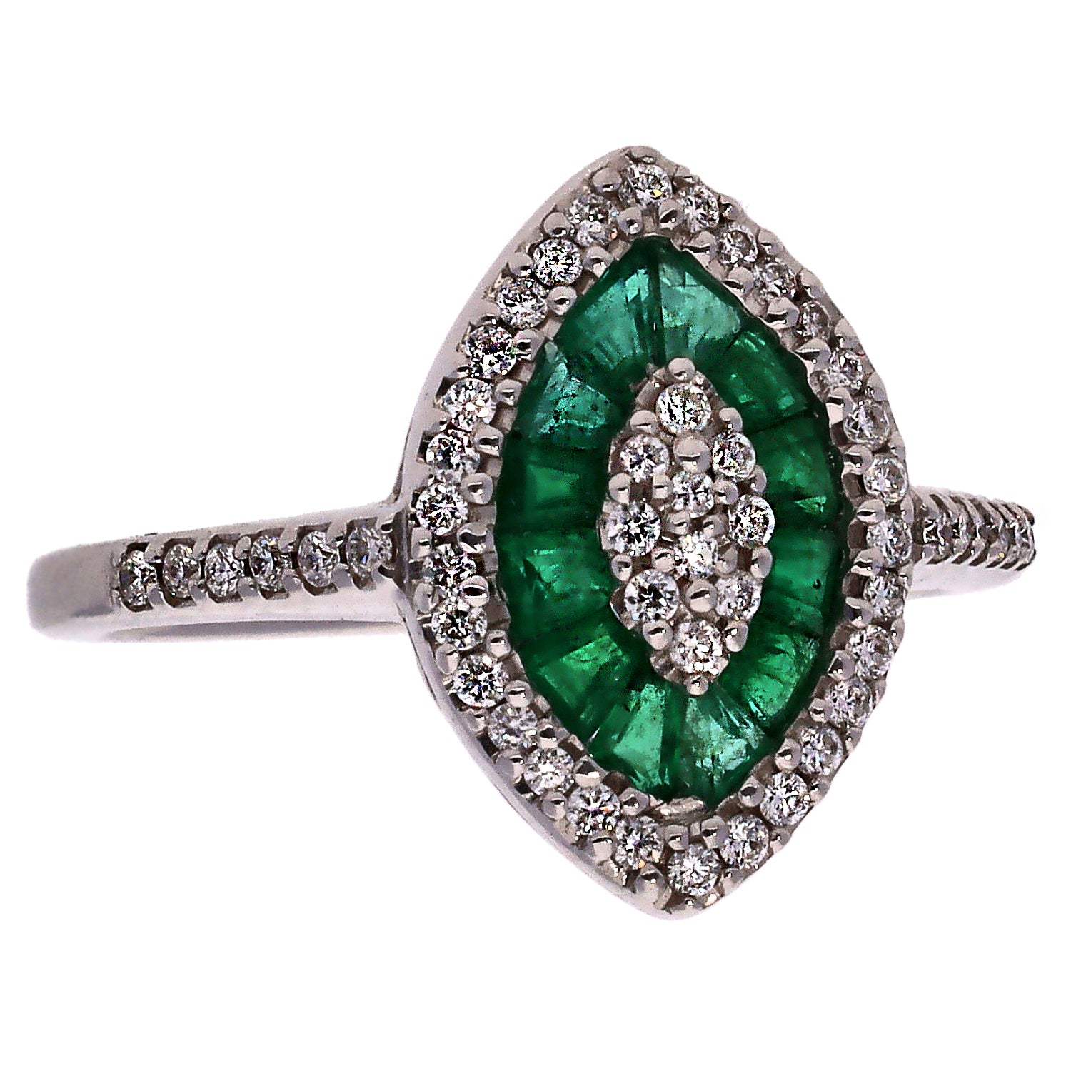 14K White Gold Emerald and Diamond Marquise Shaped Ring