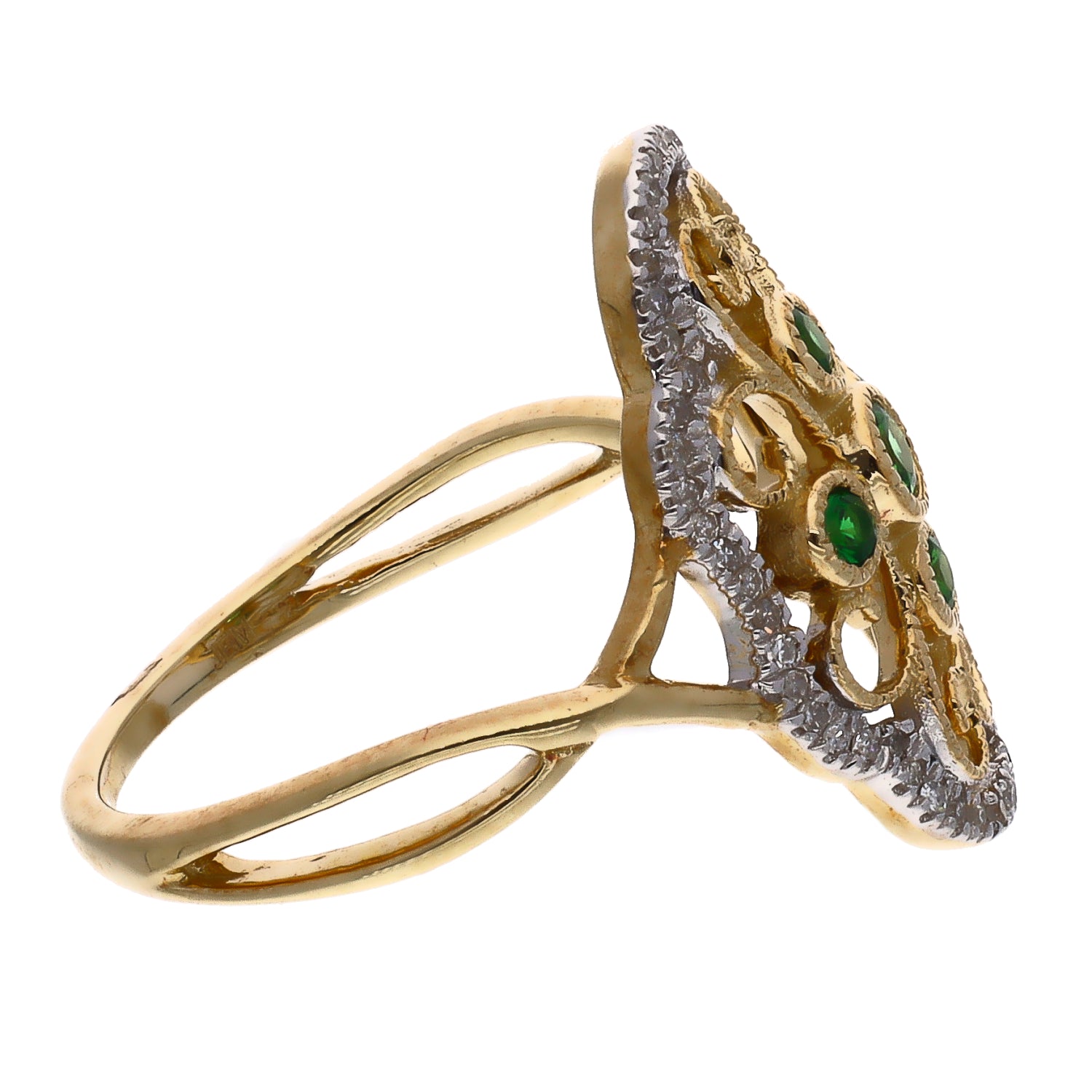 10K Yellow Gold Emerald and Diamond North-South Victorian Style Ring Size 7