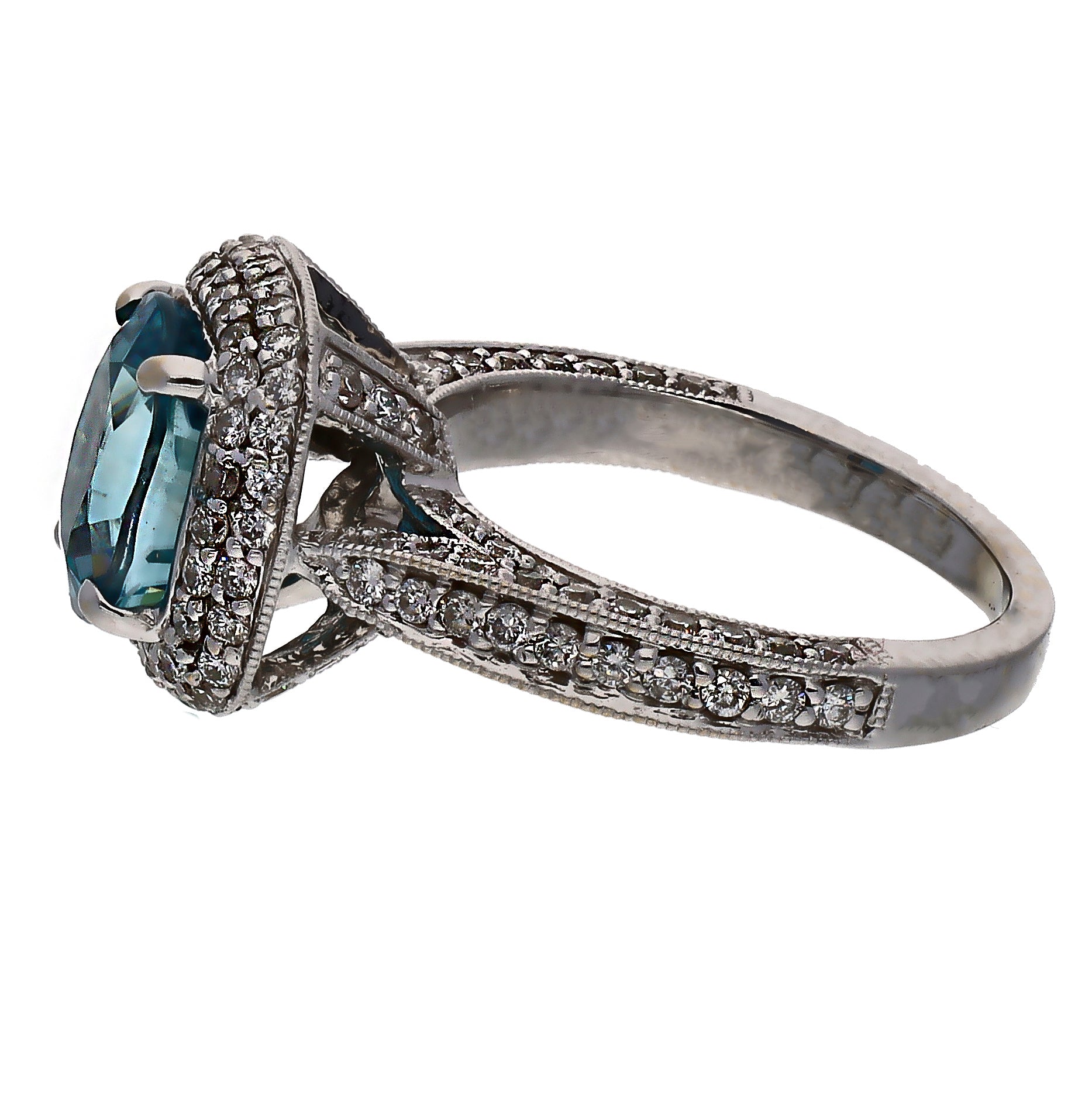 18K White Gold Oval Blue Zircon & Diamond Ring
