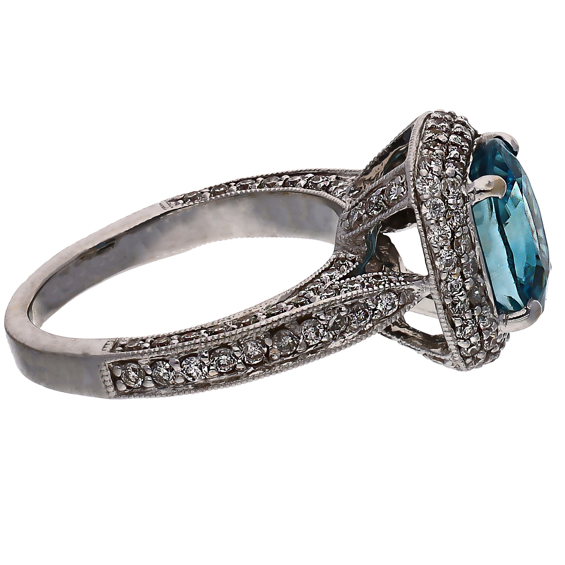 18K White Gold Oval Blue Zircon & Diamond Ring