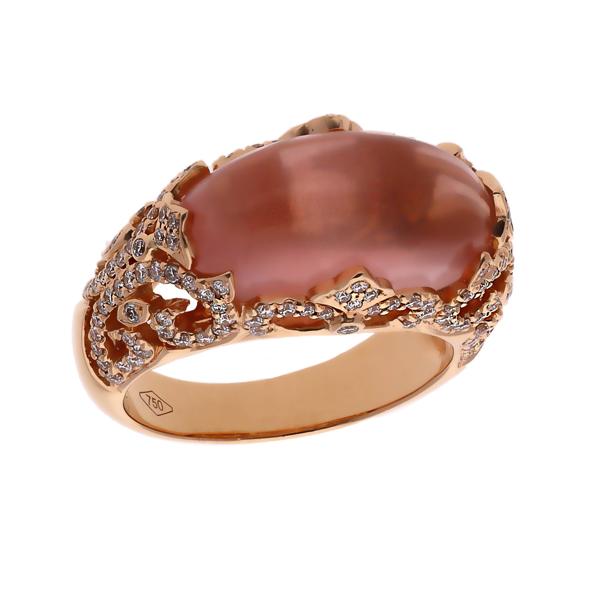 18K Rose Gold Rose Quartz Cabochon and Diamond Ring