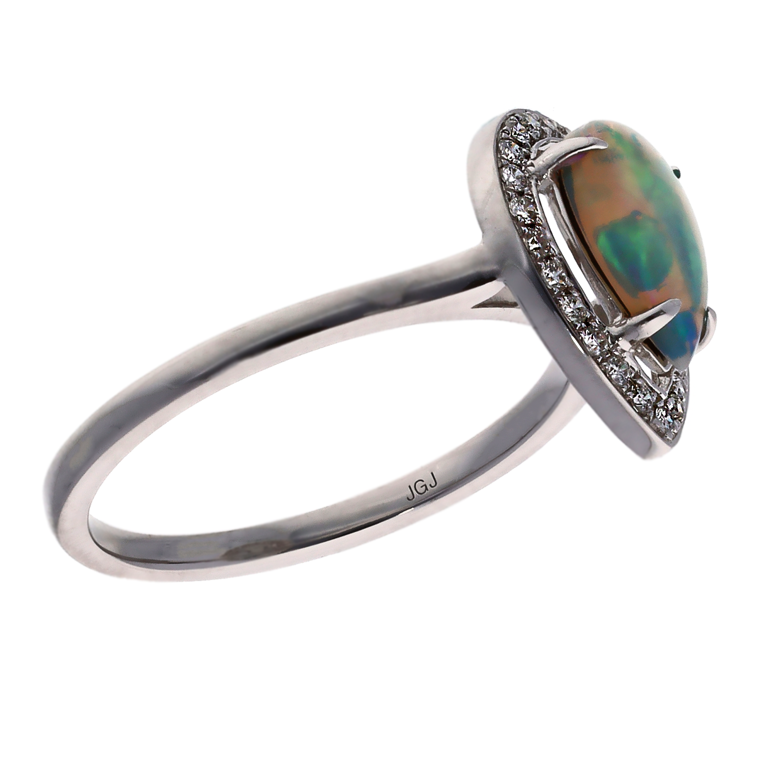 14K White Gold Pear Shaped Opal w/Diamond Halo Ring