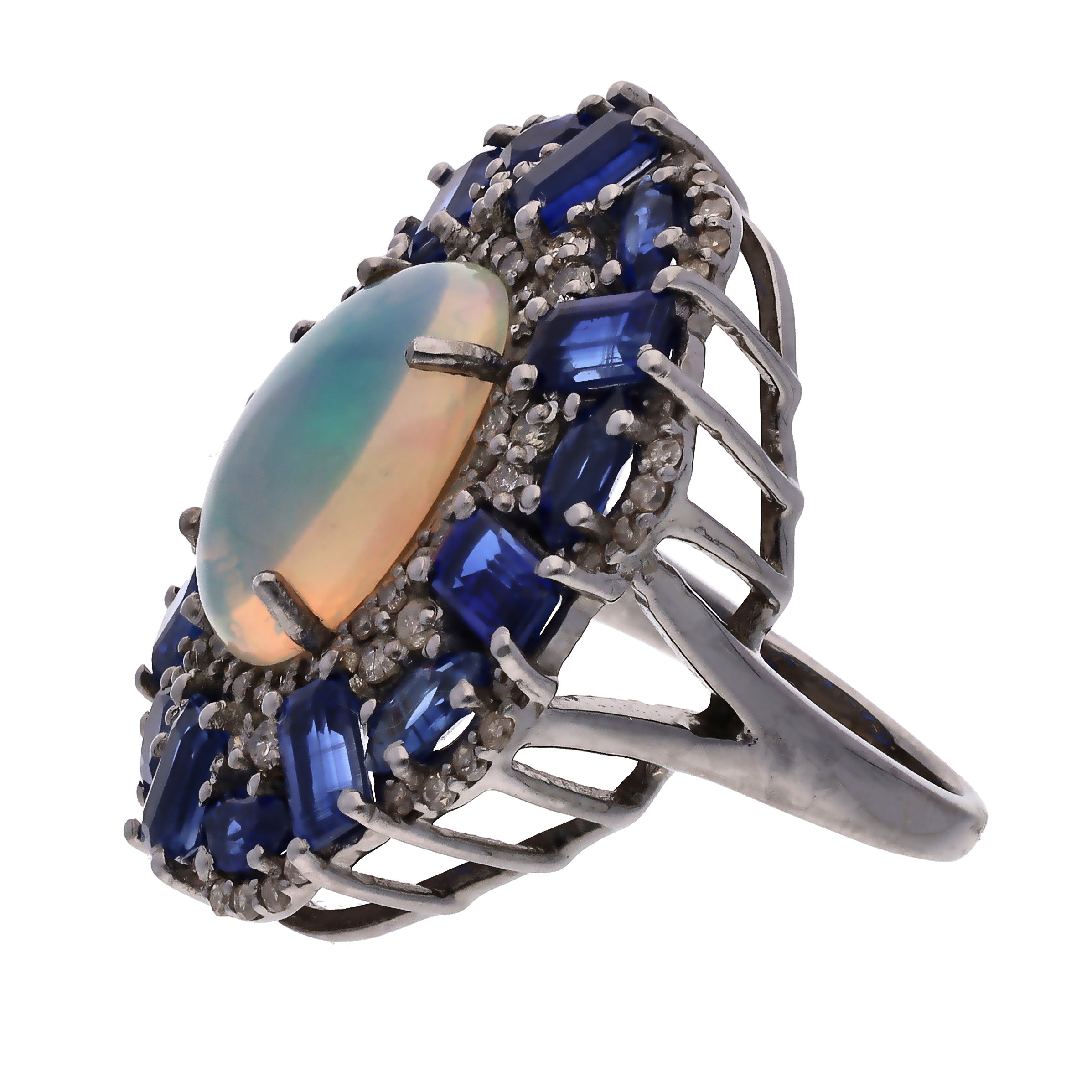 Black Rhodium Plated Sterling Silver Oval Opal Kyanite and Diamond Ring