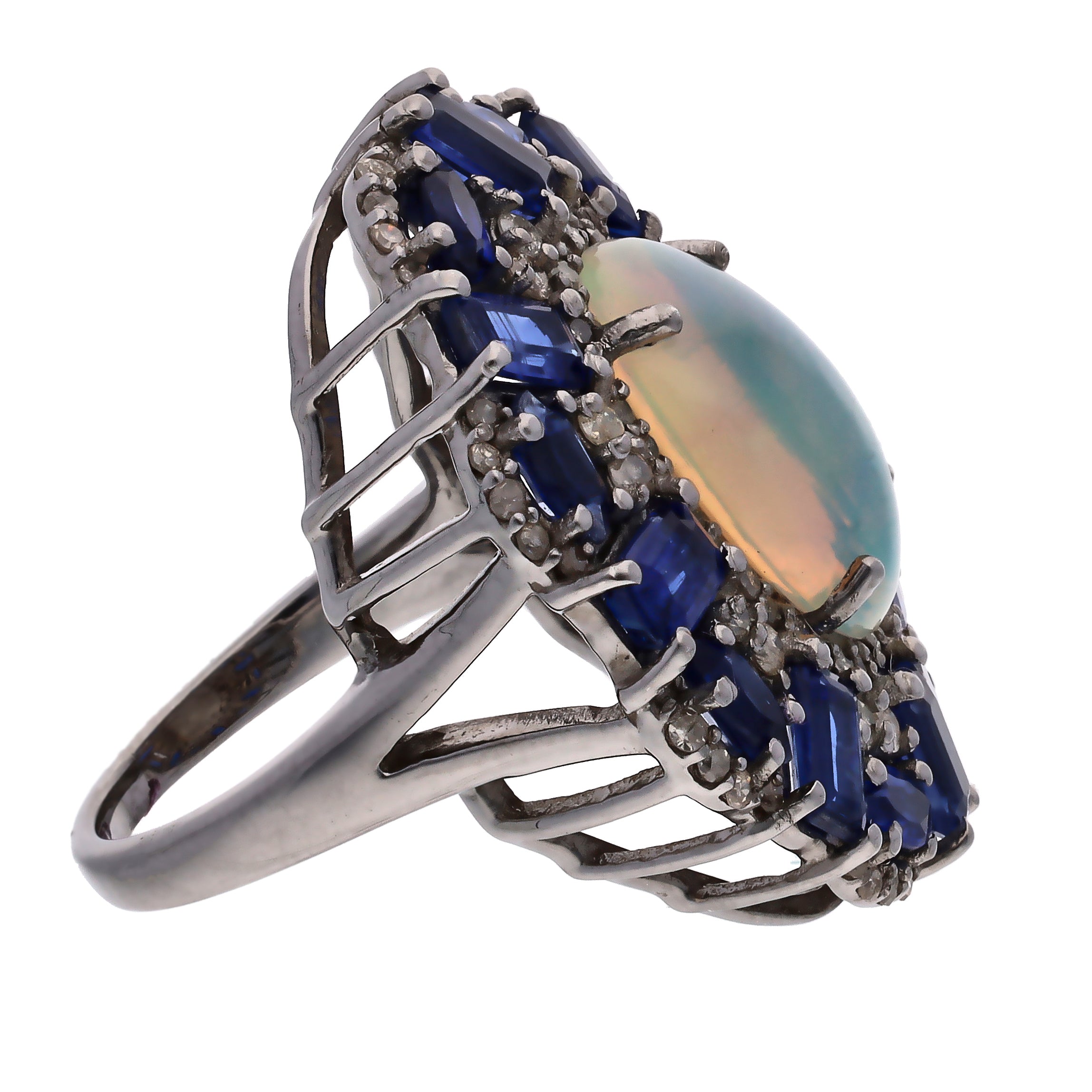 Black Rhodium Plated Sterling Silver Oval Opal Kyanite and Diamond Ring