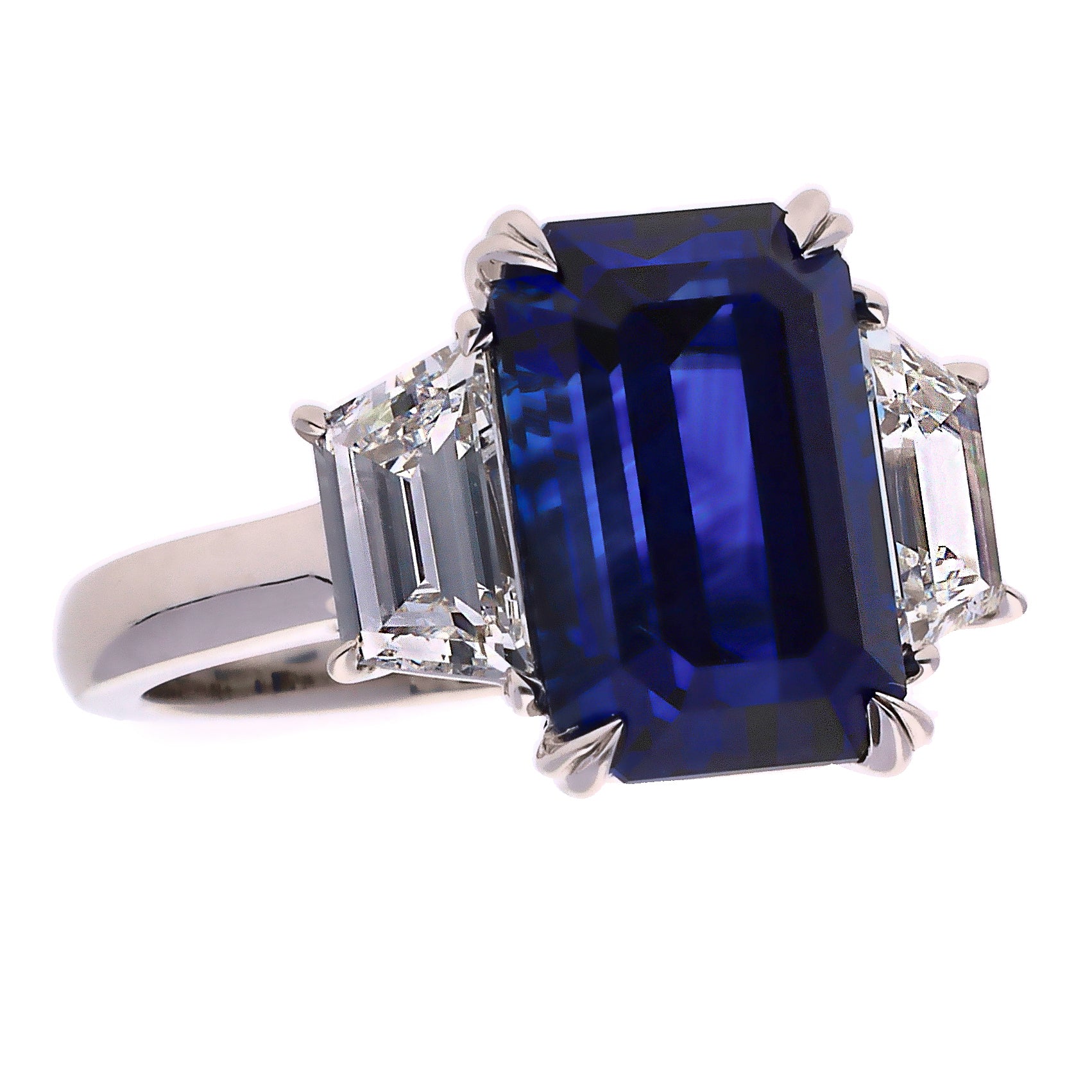 Sri Lanka Emerald Cut Sapphire and Diamond Platinum Ring