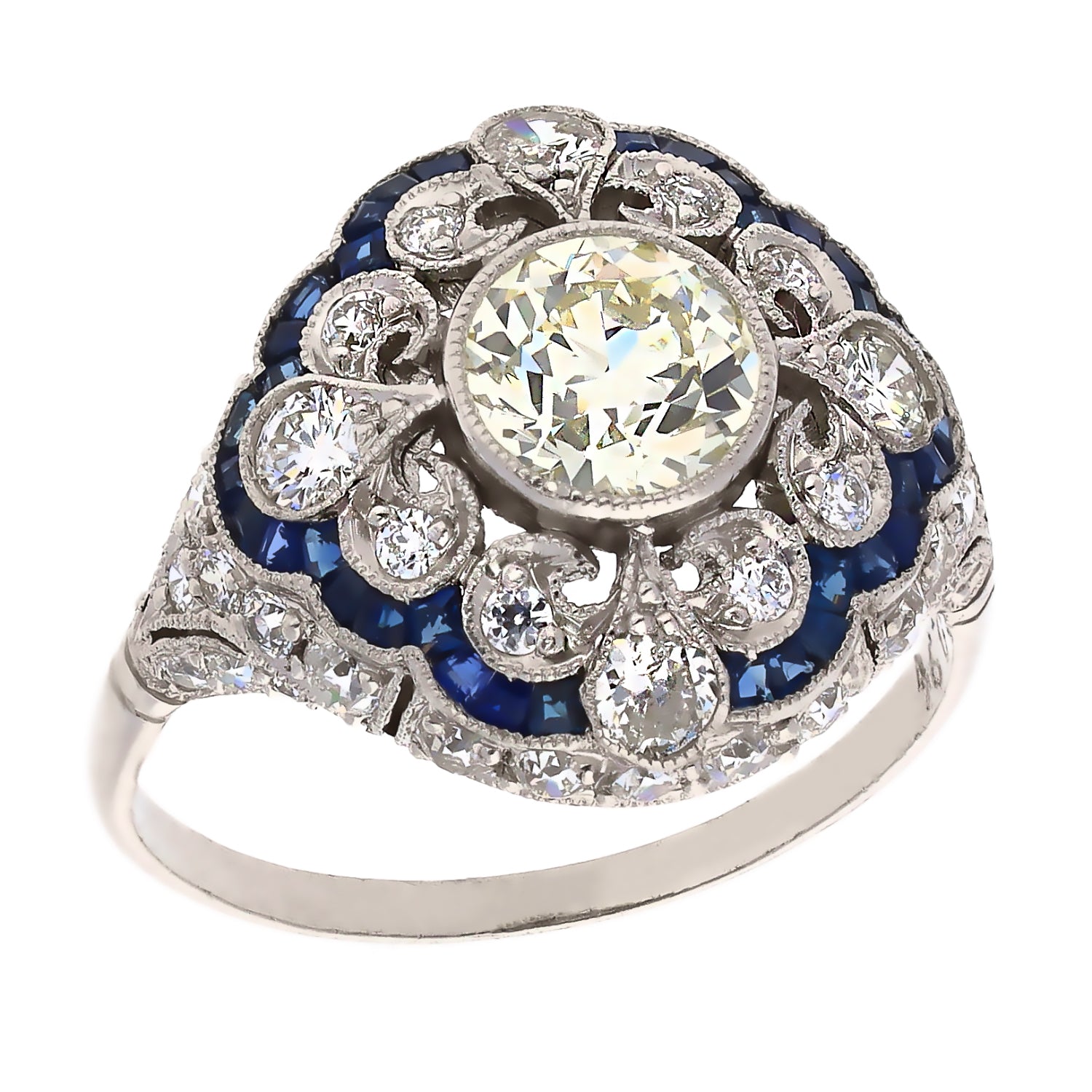 Vintage Platinum Euro Cut Diamond and French Cut Sapphire Ring