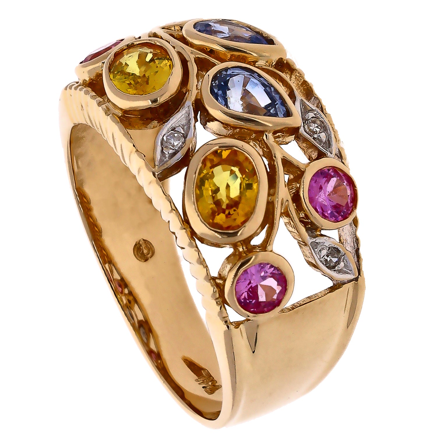 14K Yellow Gold Fancy Colored Sapphires and Diamond Ring