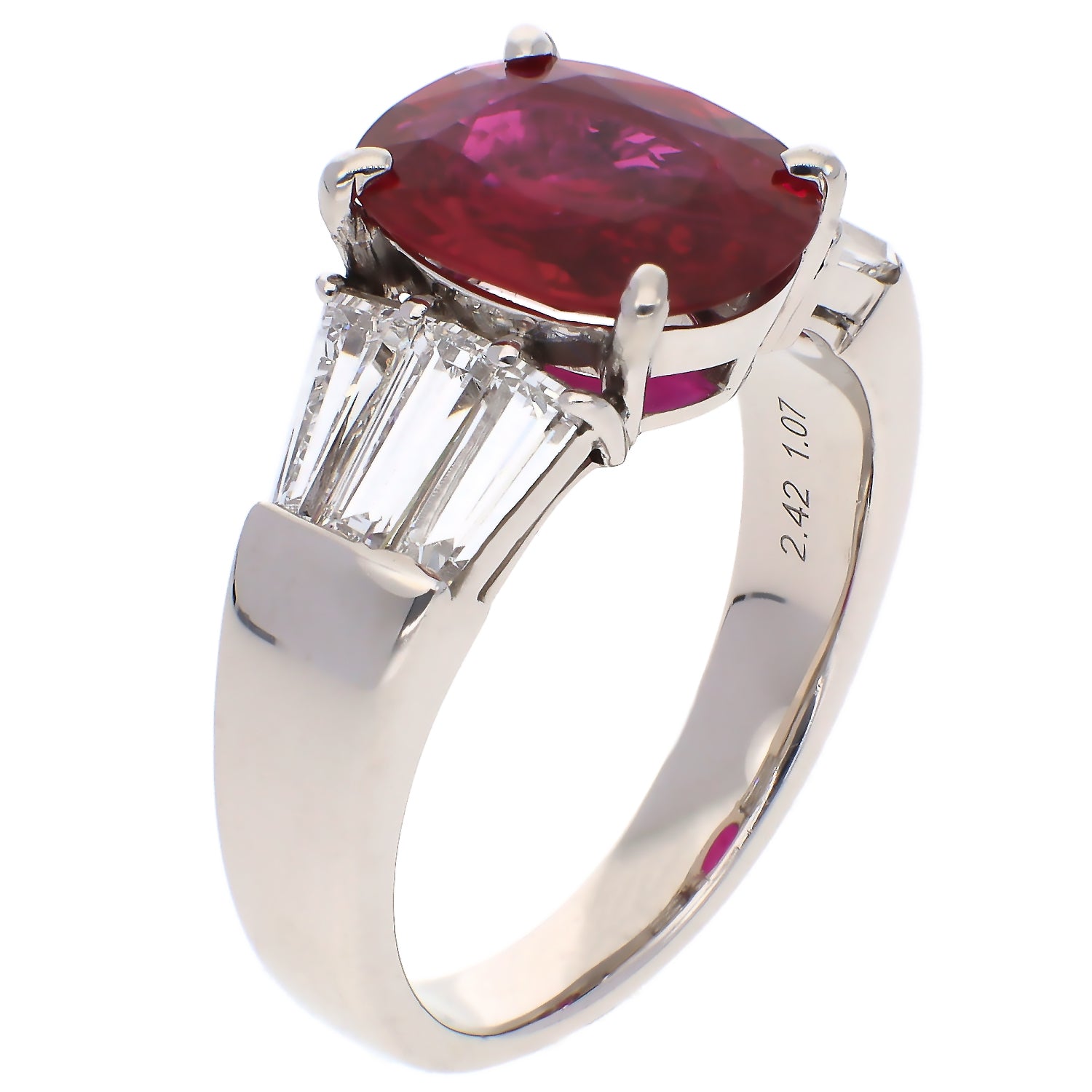 Platinum Oval No Heat 2.42ct Ruby and Baguette Diamond Ring