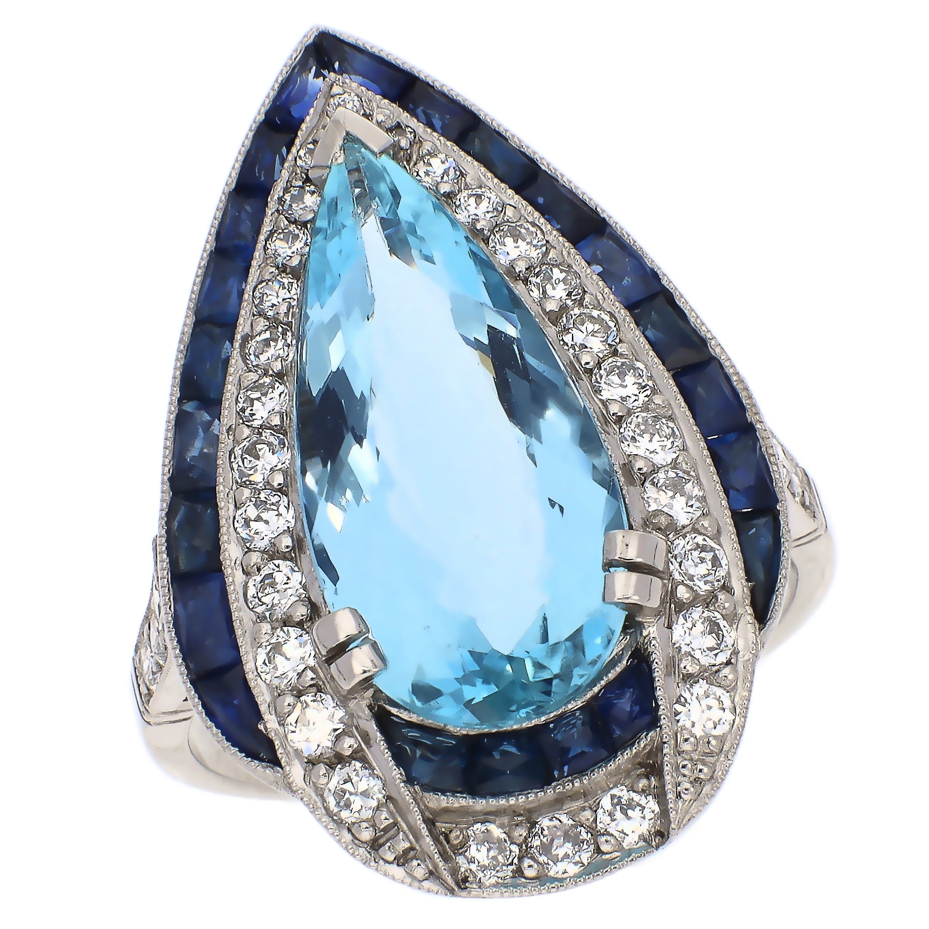 Platinum Pear Shaped Aquamarine European Cut Diamonds and Baguette Sapphires Fashion Ring