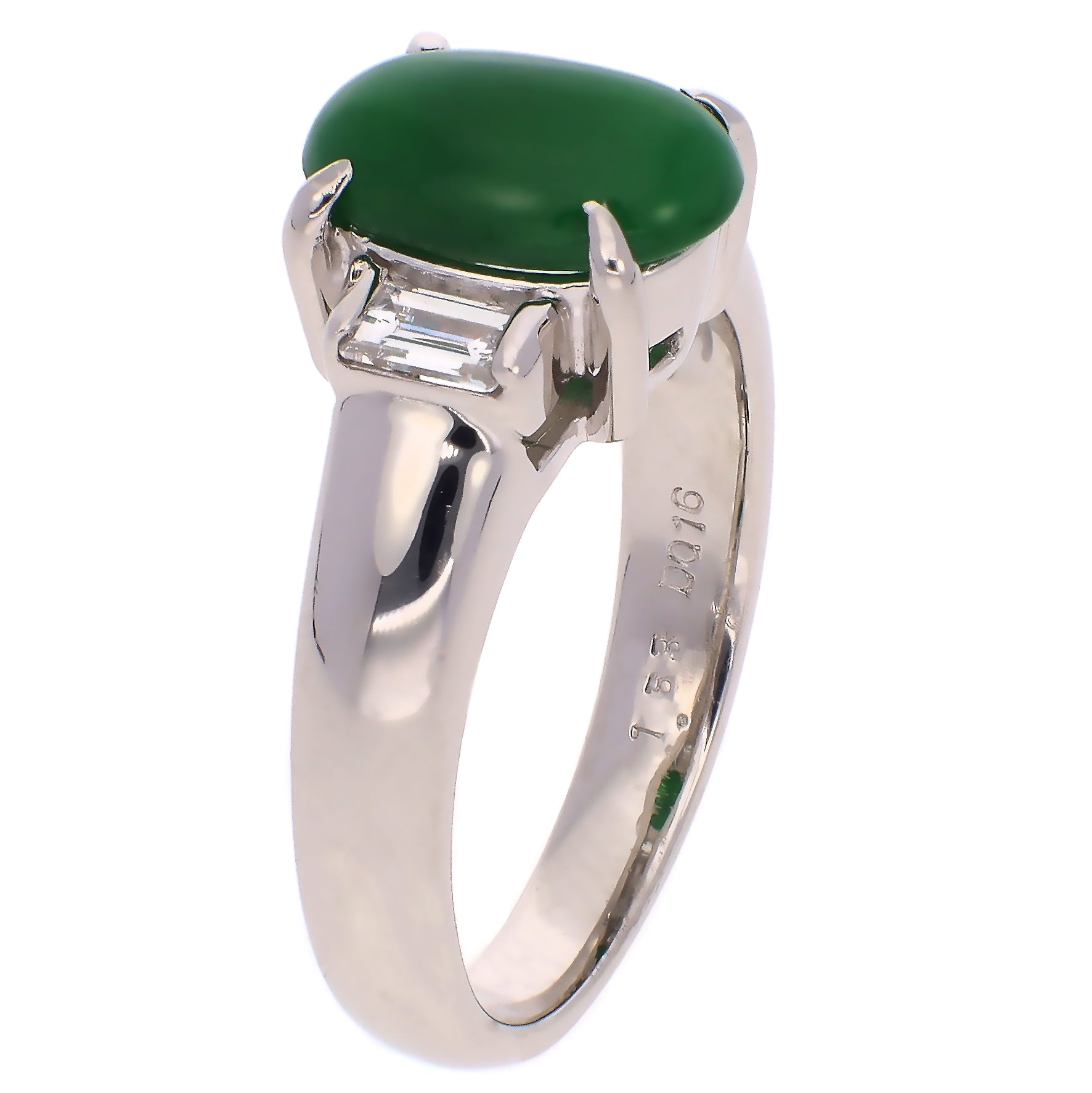 Platinum Oval Jadeite and Baguette Diamonds Fashion Ring