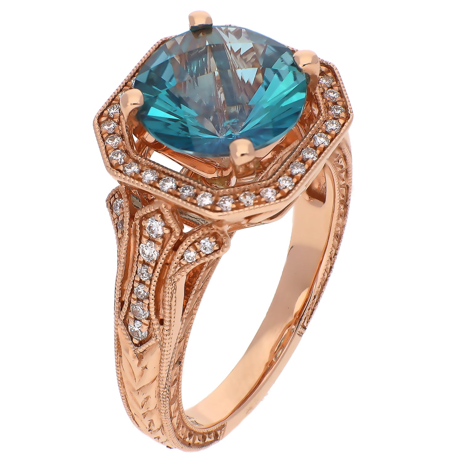 Custom 14K Rose Gold Blue Zircon and Diamond Ring