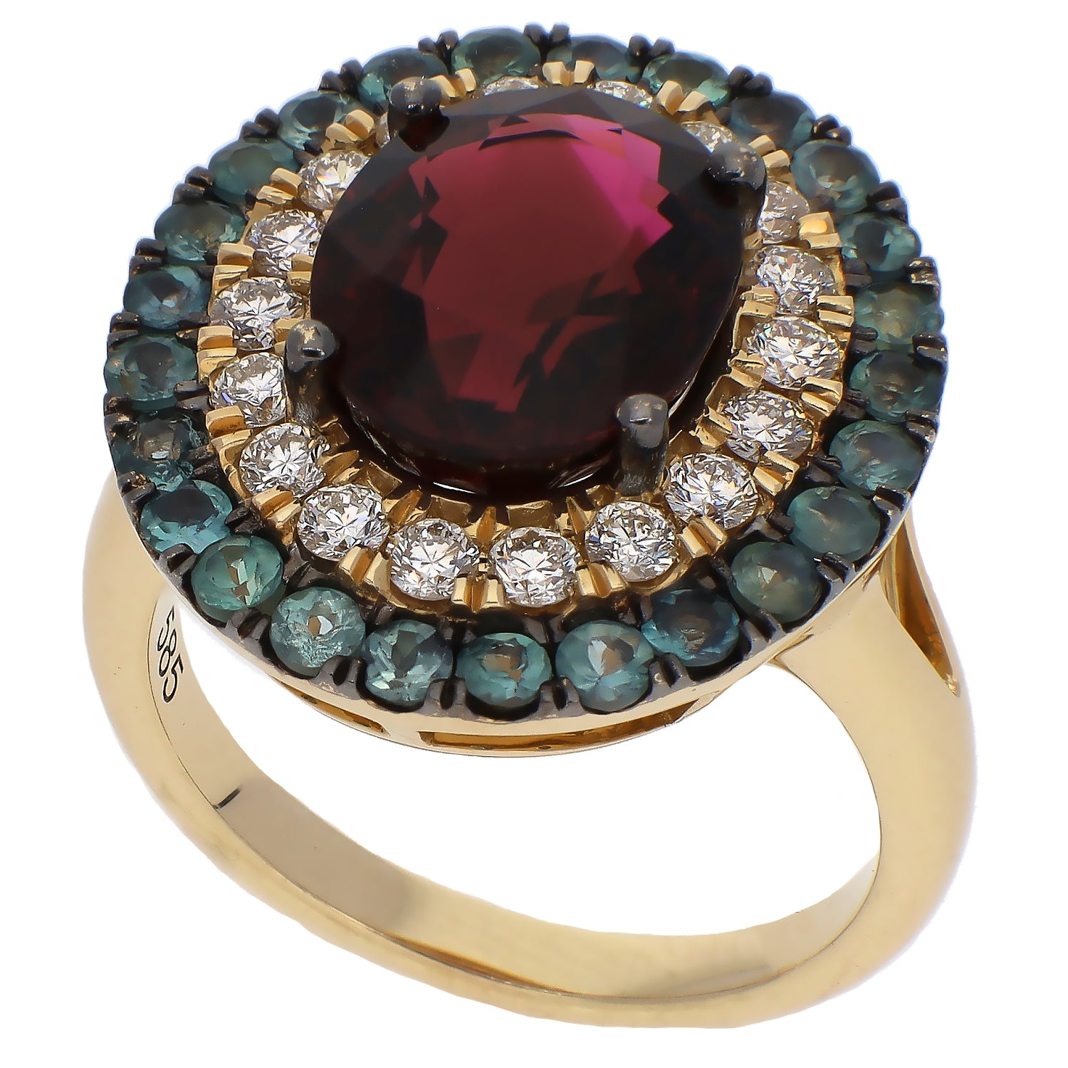 14K Yellow Gold Oval Rhodolite Garnet with Diamond and Alexandrite Double Halo Ring