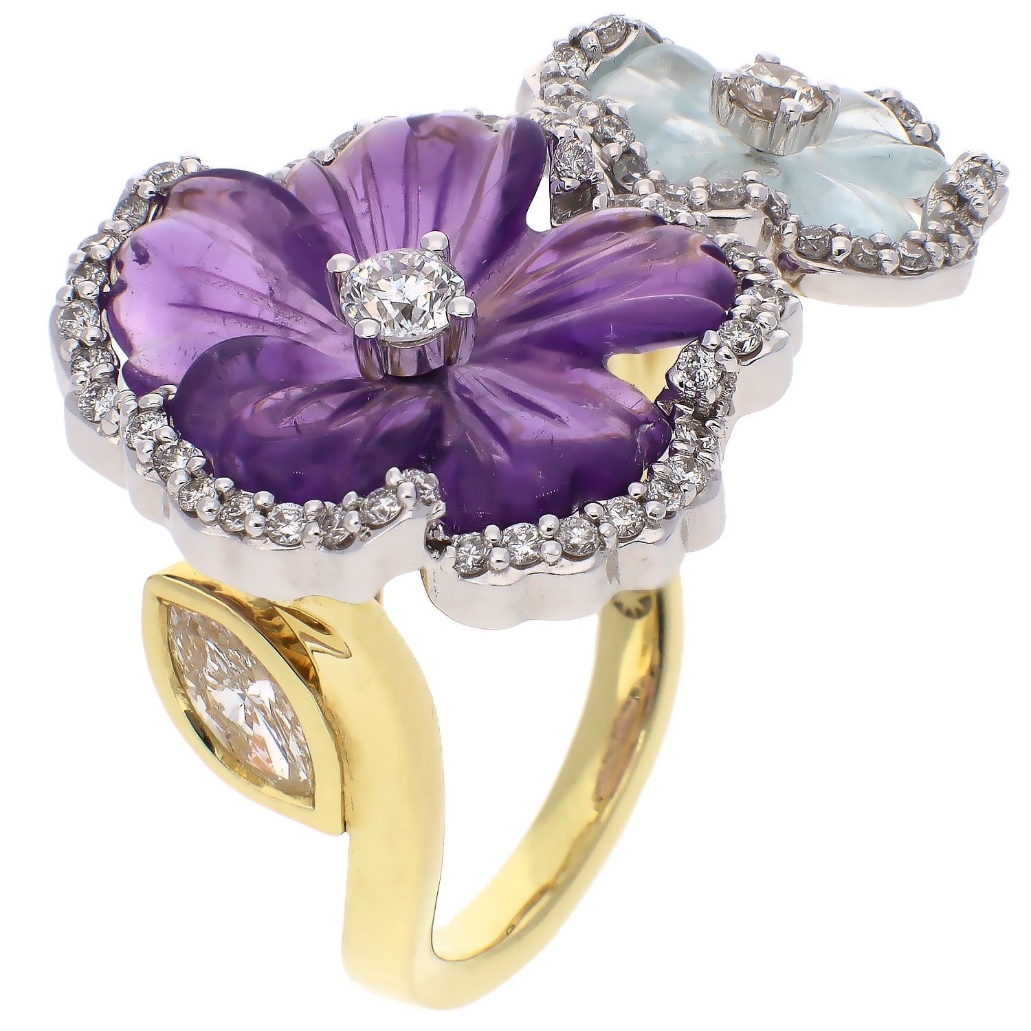 18K Yellow and White Gold Amethyst Aquamarine and Diamond Ring