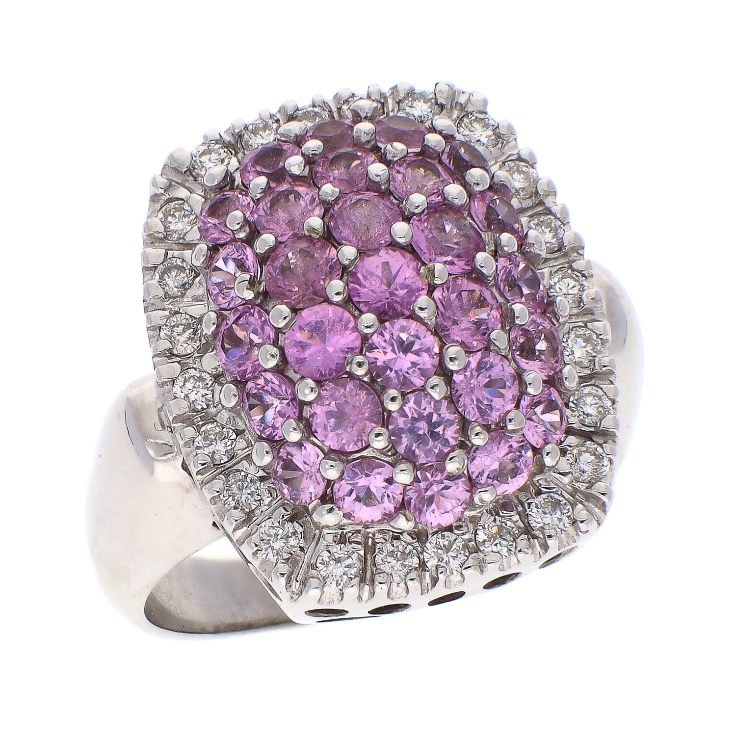 14K White Gold Pavé Set Pink Sapphires and Diamond Ring