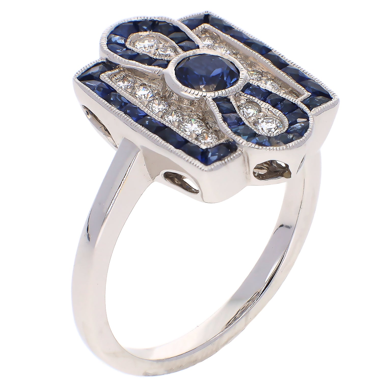 18K White Gold Sapphire and Diamond Vintage Style Ring
