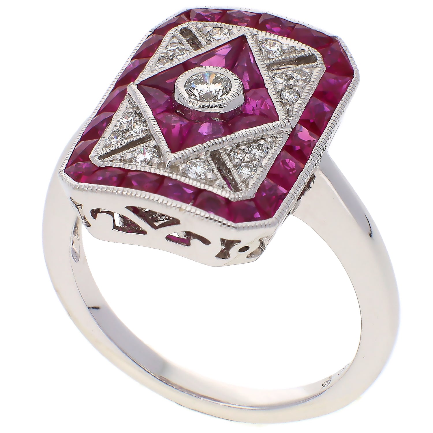18K White Gold Ruby and Diamond Vintage Style Ring