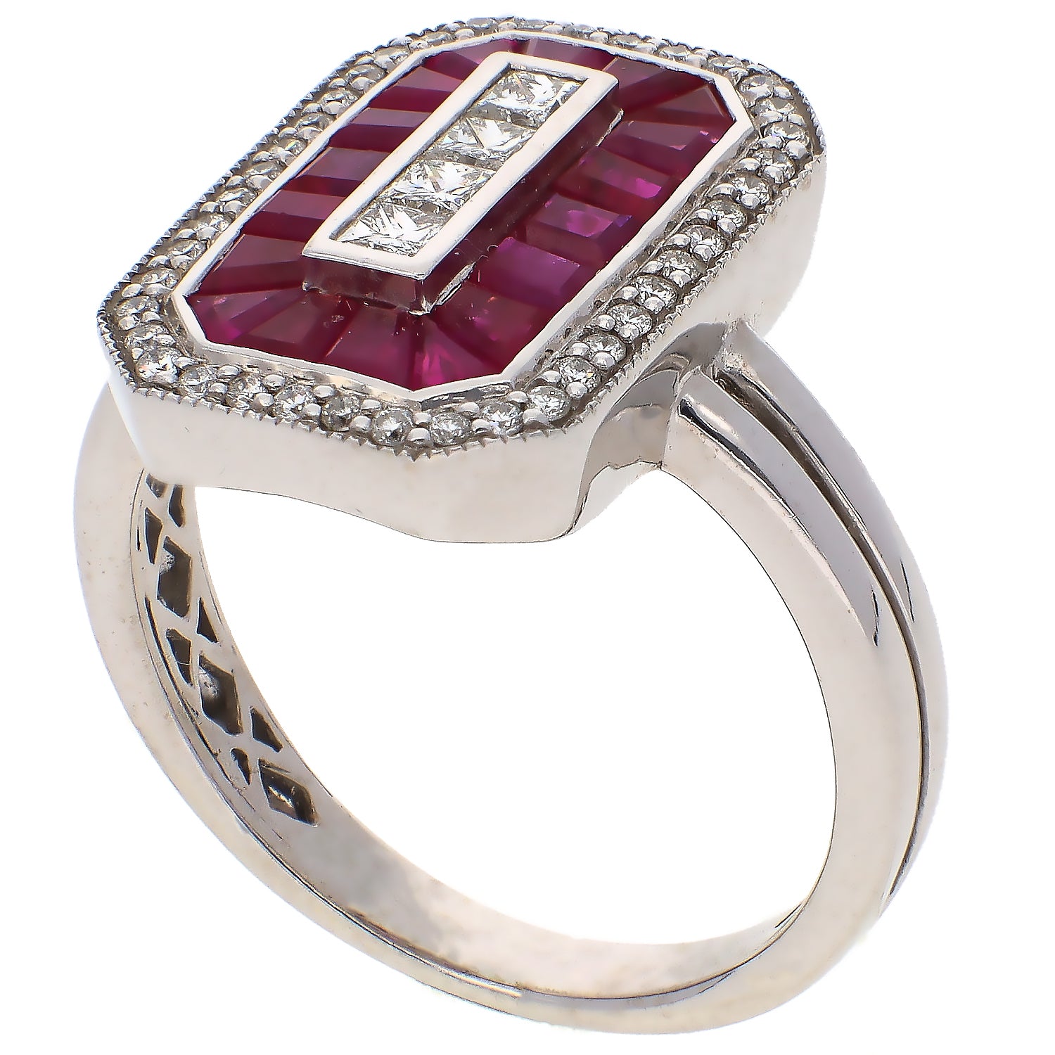 14K White Gold French Cut Rubies and Diamonds Vintage Style Ring