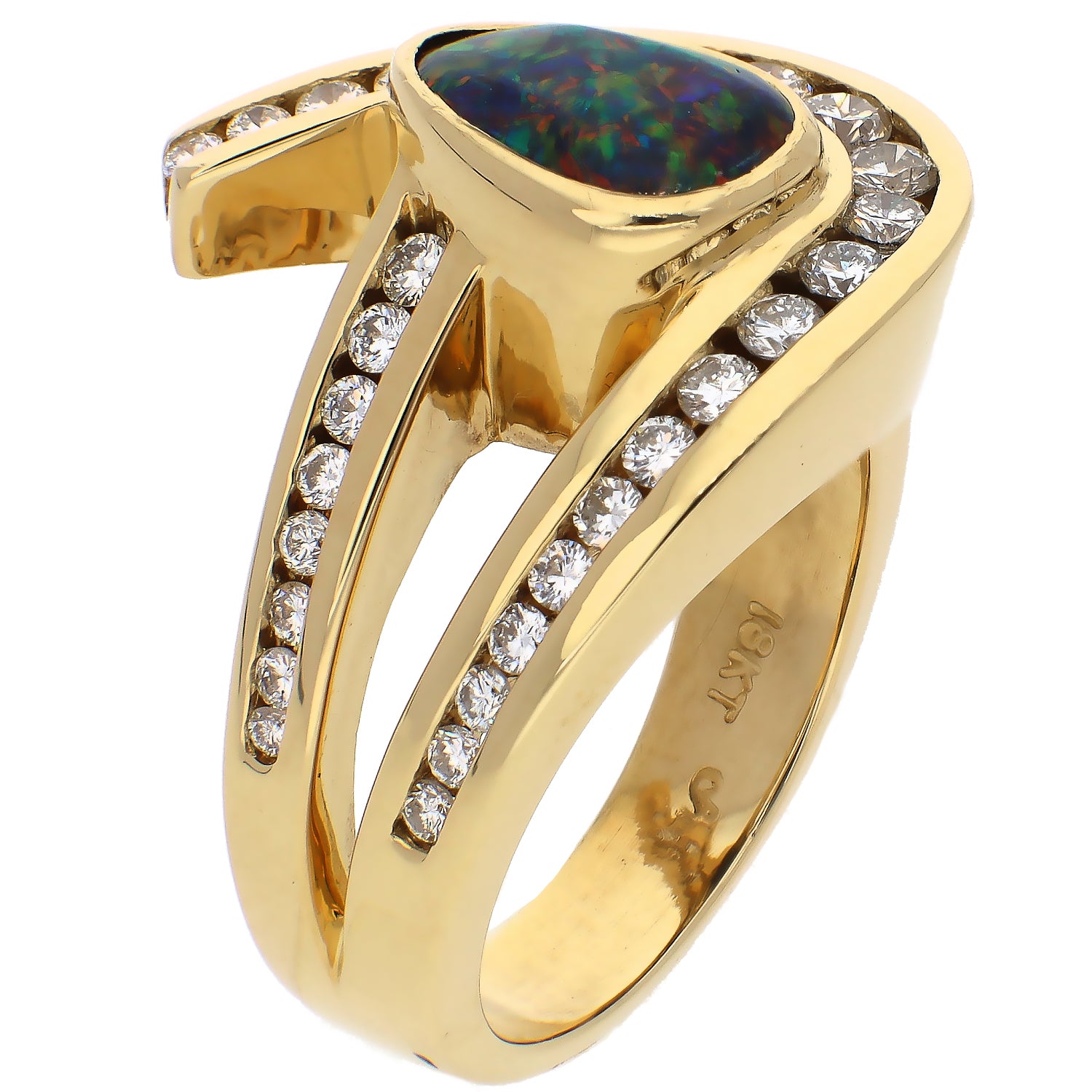 18K Yellow Gold Black Opal and Diamond Ring