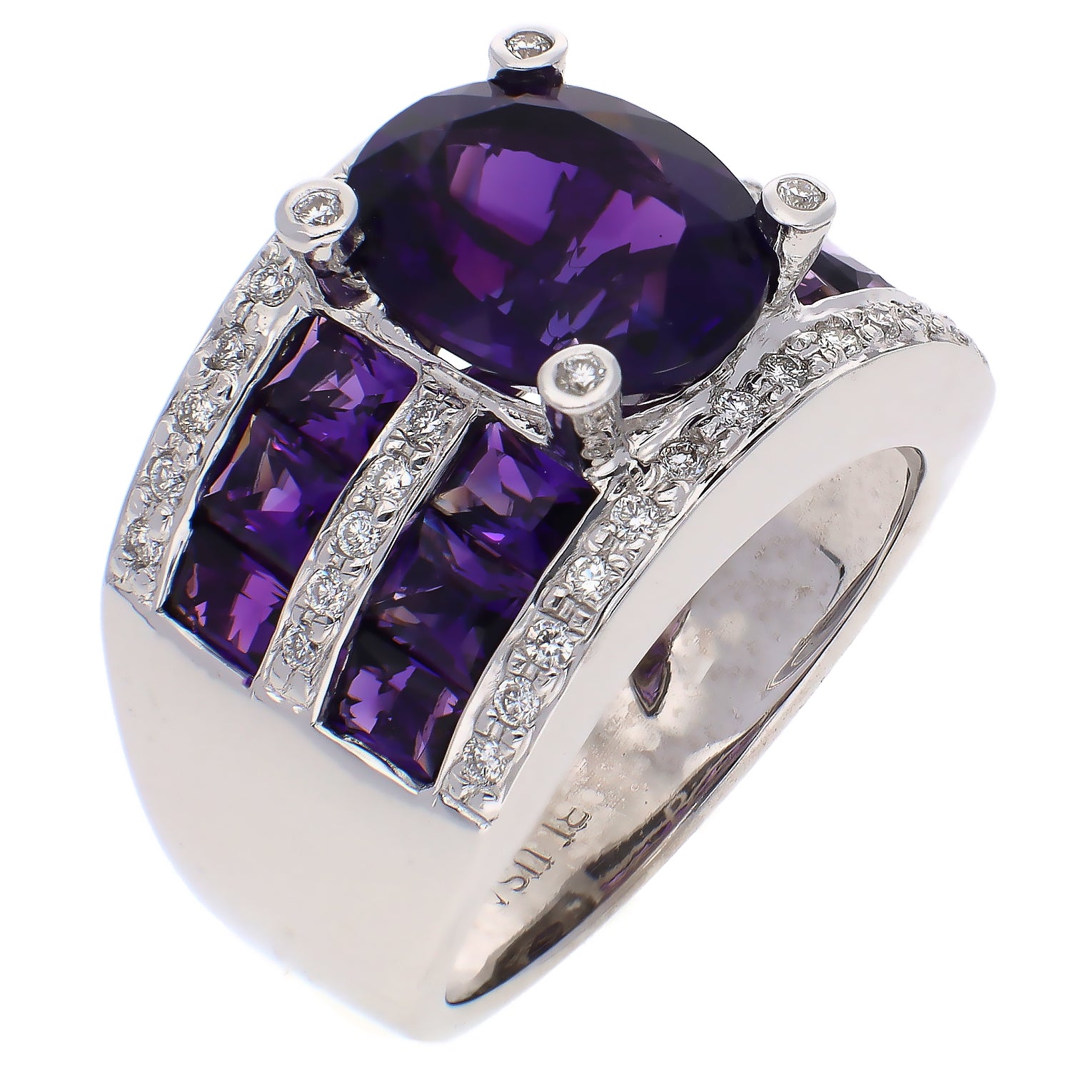 18K White Gold Amethyst and Diamond Wide Band Ring