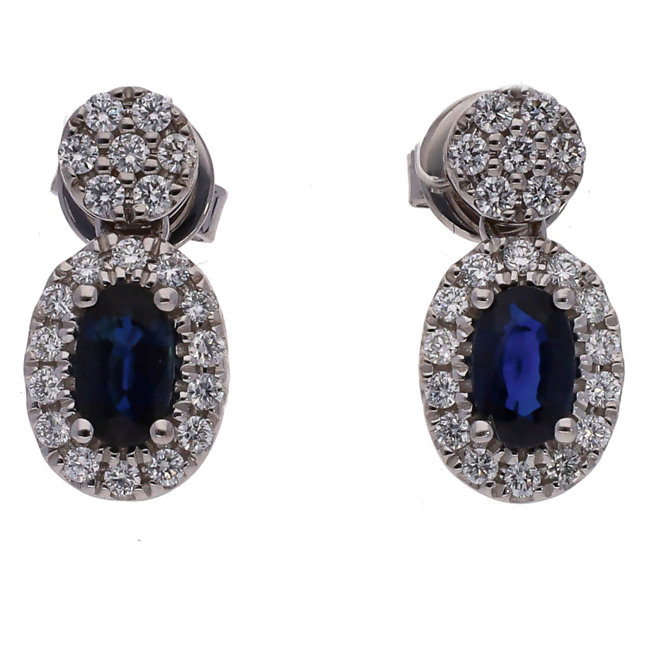 14K White Gold Oval Sapphire and Diamond Dangle Earrings