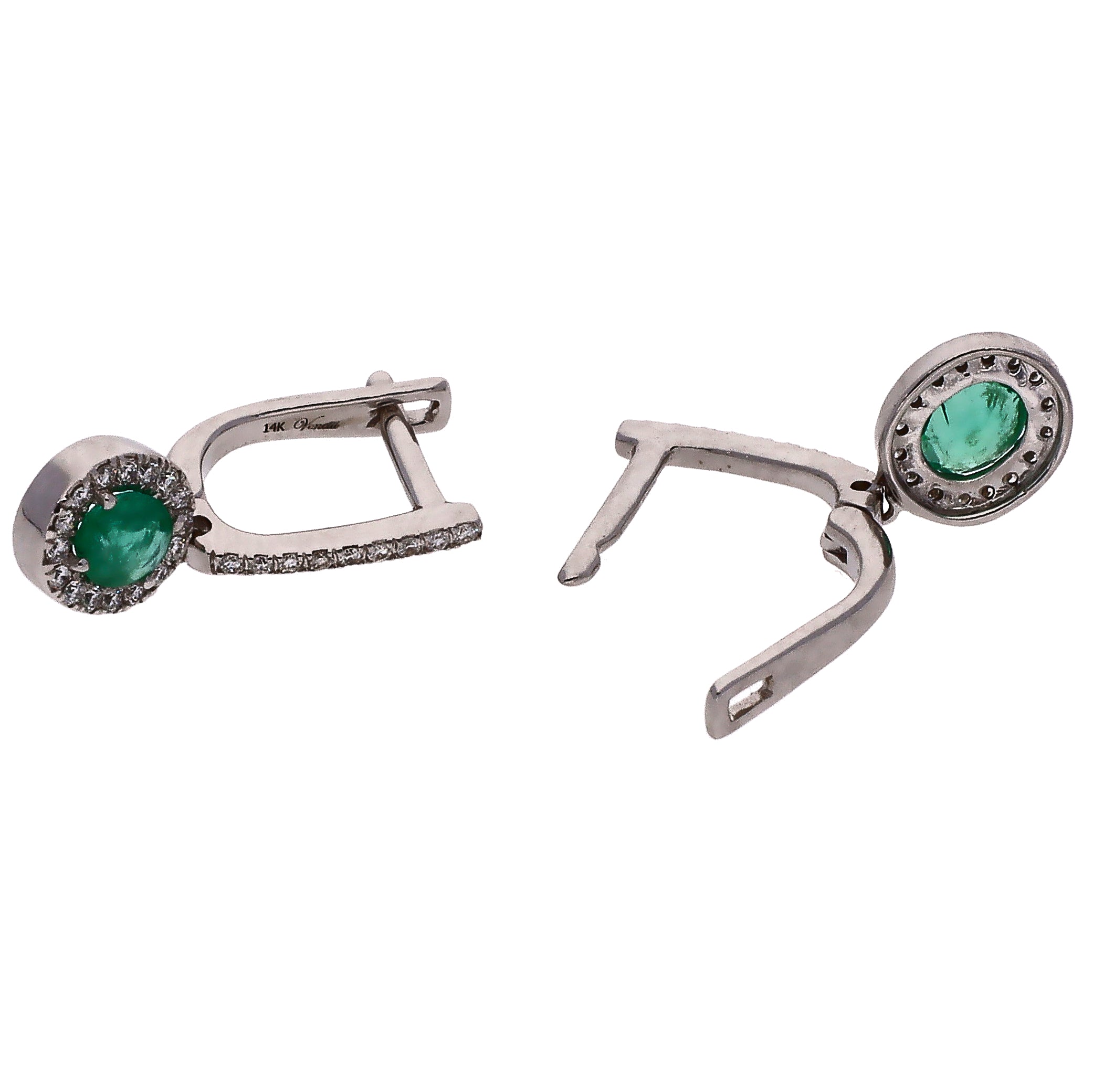 14K White Gold Oval Emerald & Diamond Drop Earrings