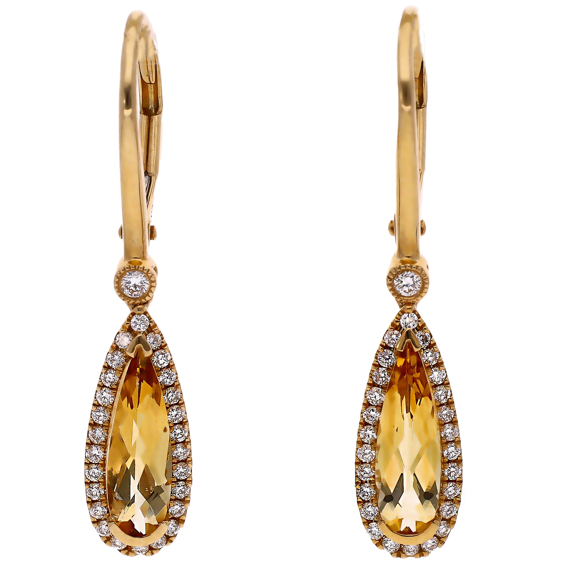 14K Yellow Gold Pear Shaped Citrine & Diamond Leverback Earrings