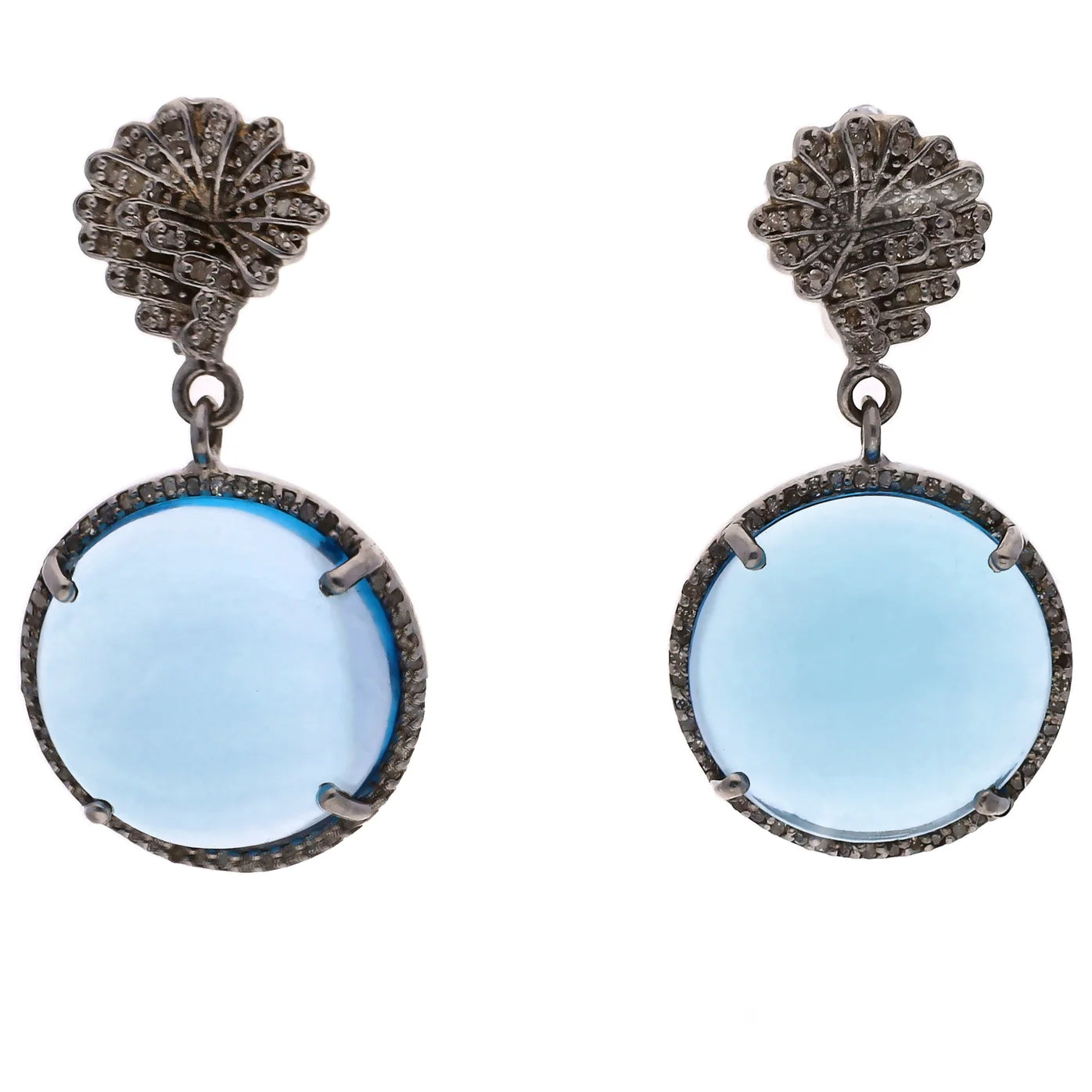 Black Rhodium Plated Sterling Silver Round Blue Topaz & Rough Cut Diamond Dangle Earrings