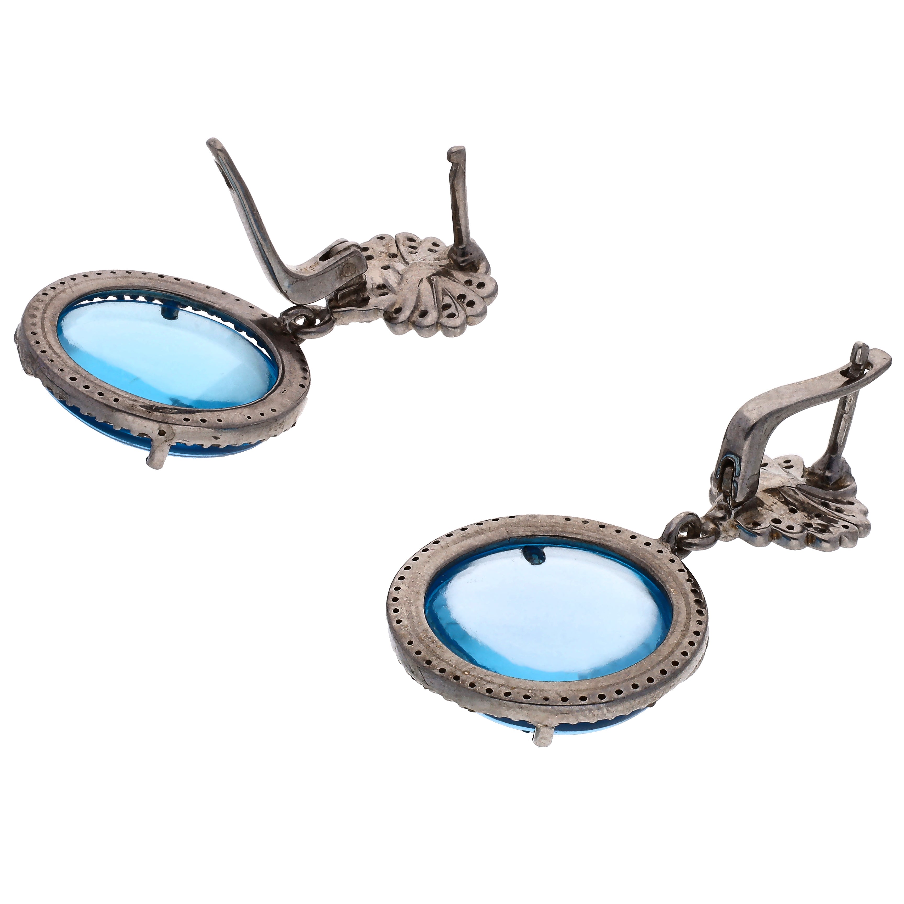 Black Rhodium Plated Sterling Silver Round Blue Topaz & Rough Cut Diamond Dangle Earrings