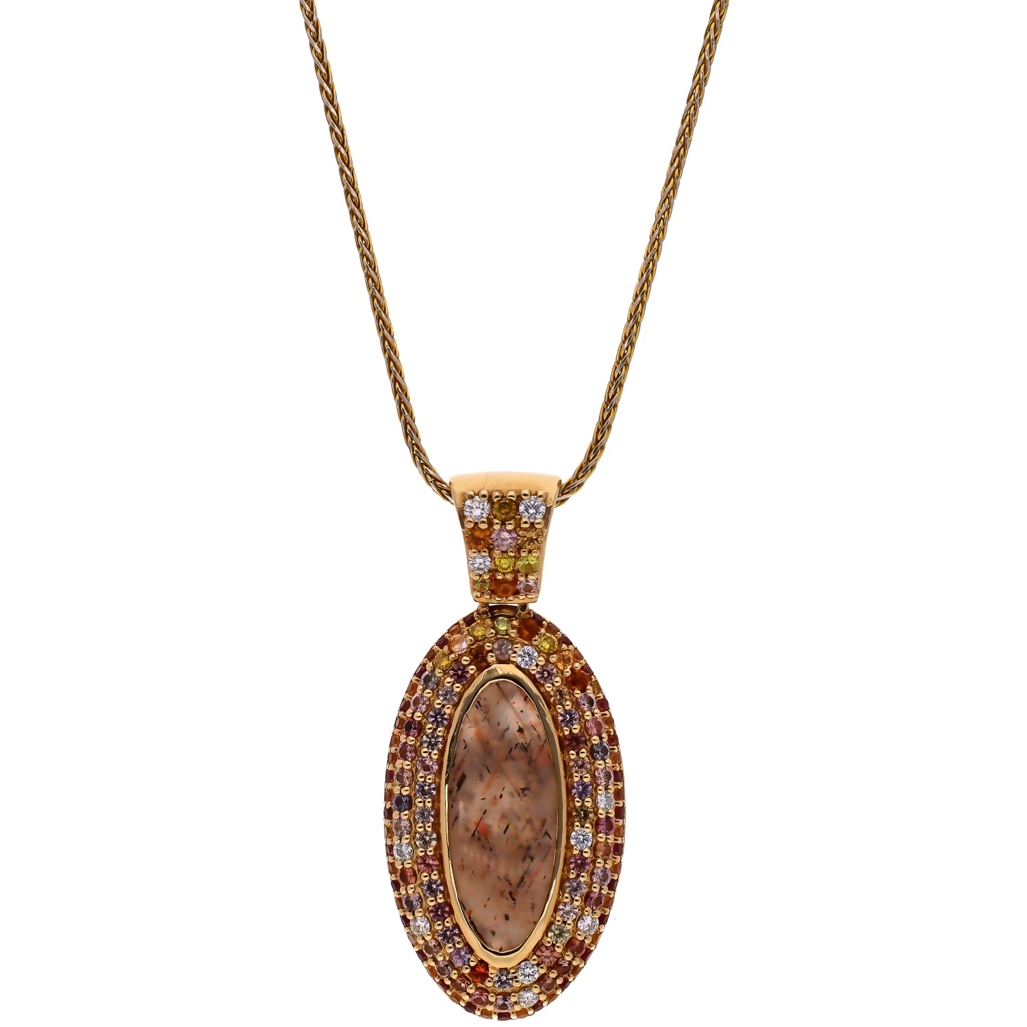 14K Yellow Gold Oval Sandstone Sapphires Garnets and Diamonds Pendant Necklace