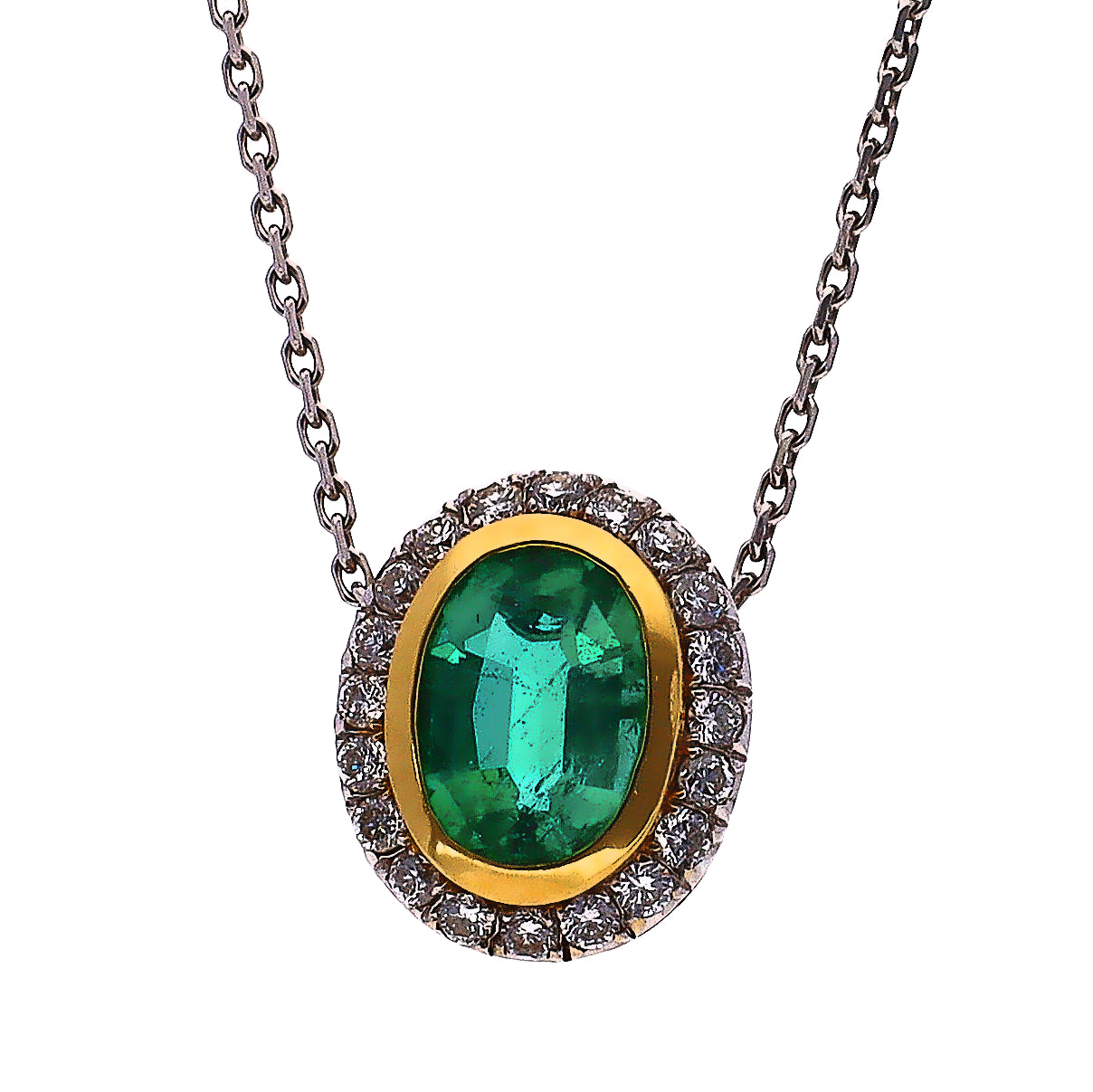 18K White and Yellow Gold Oval Emerald and Diamond Pendant Necklace