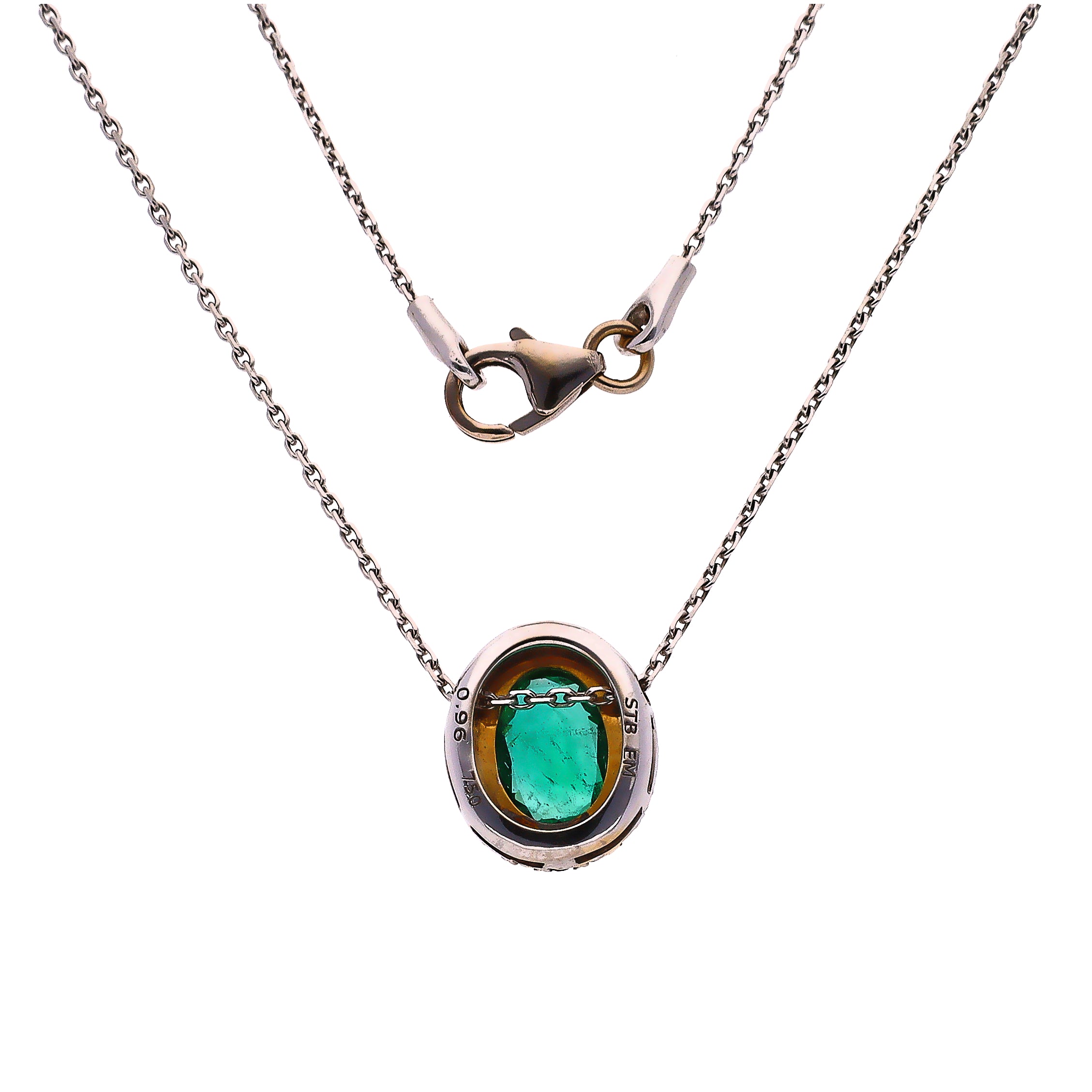 18K White and Yellow Gold Oval Emerald and Diamond Pendant Necklace