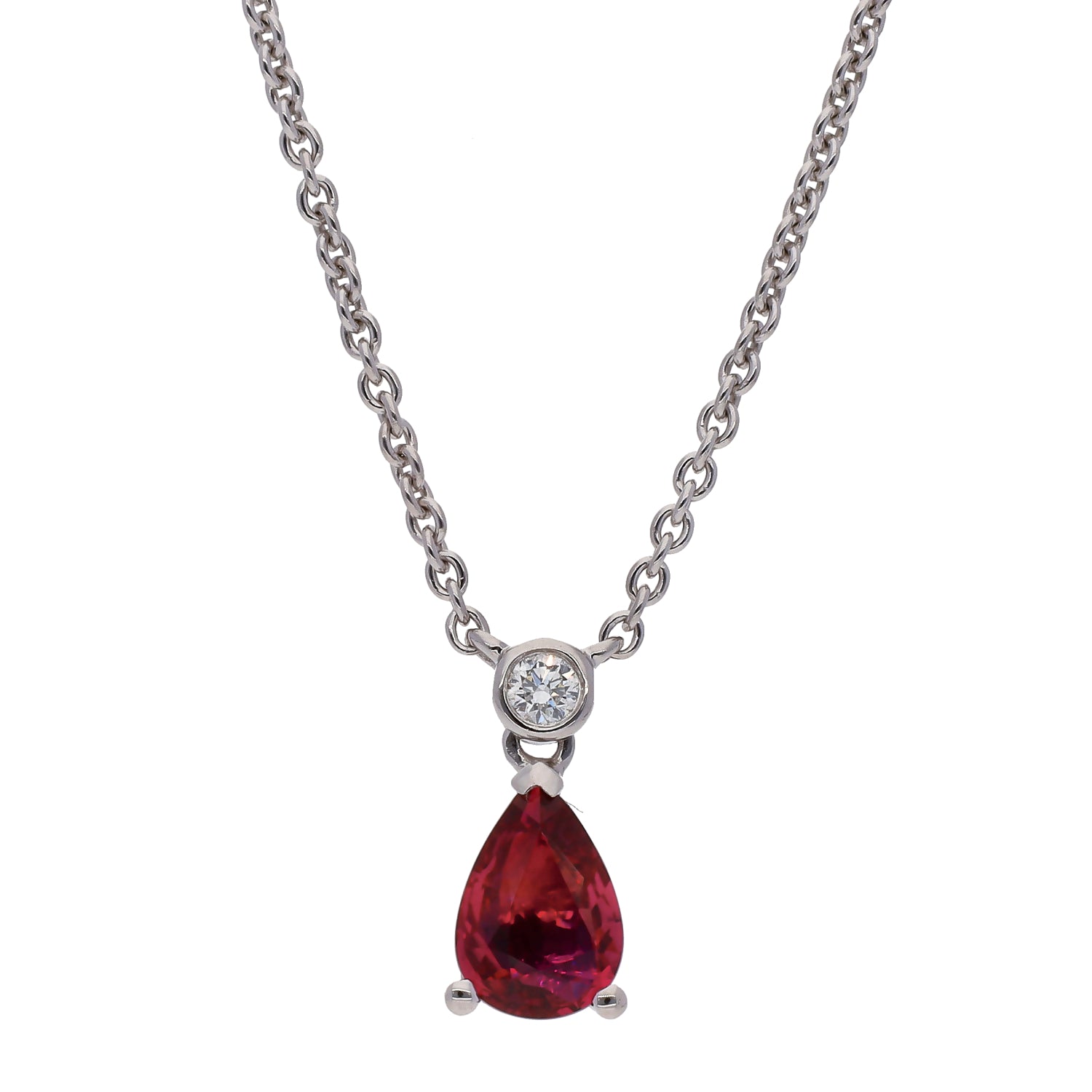 18K White Gold Pear Shaped Ruby & Diamond Pendant on 16" Chain Necklace