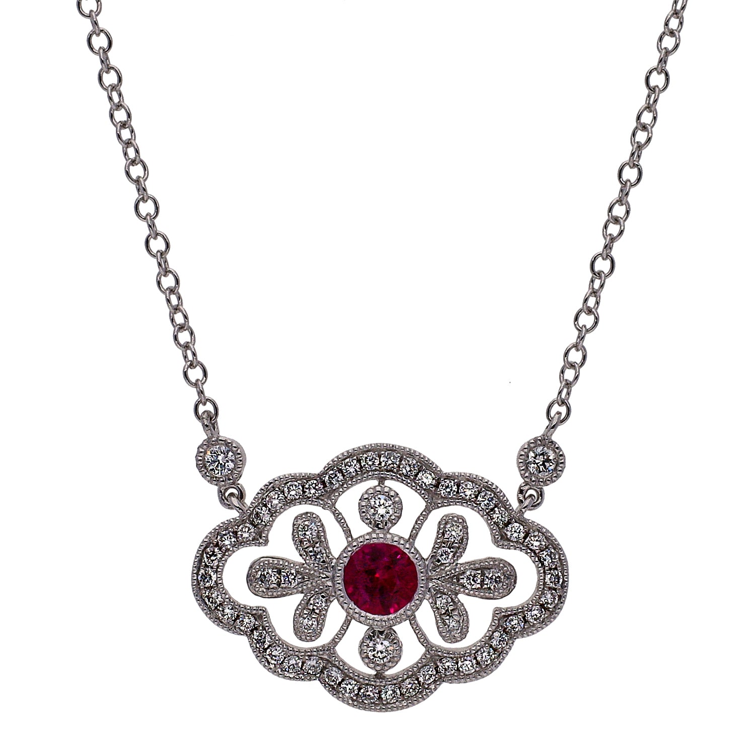 14K White Gold Center Round Ruby and Diamond Necklace