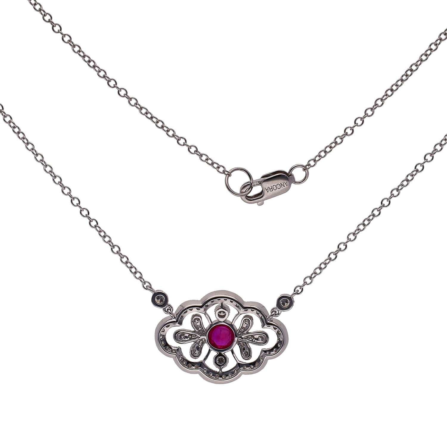 14K White Gold Center Round Ruby and Diamond Necklace