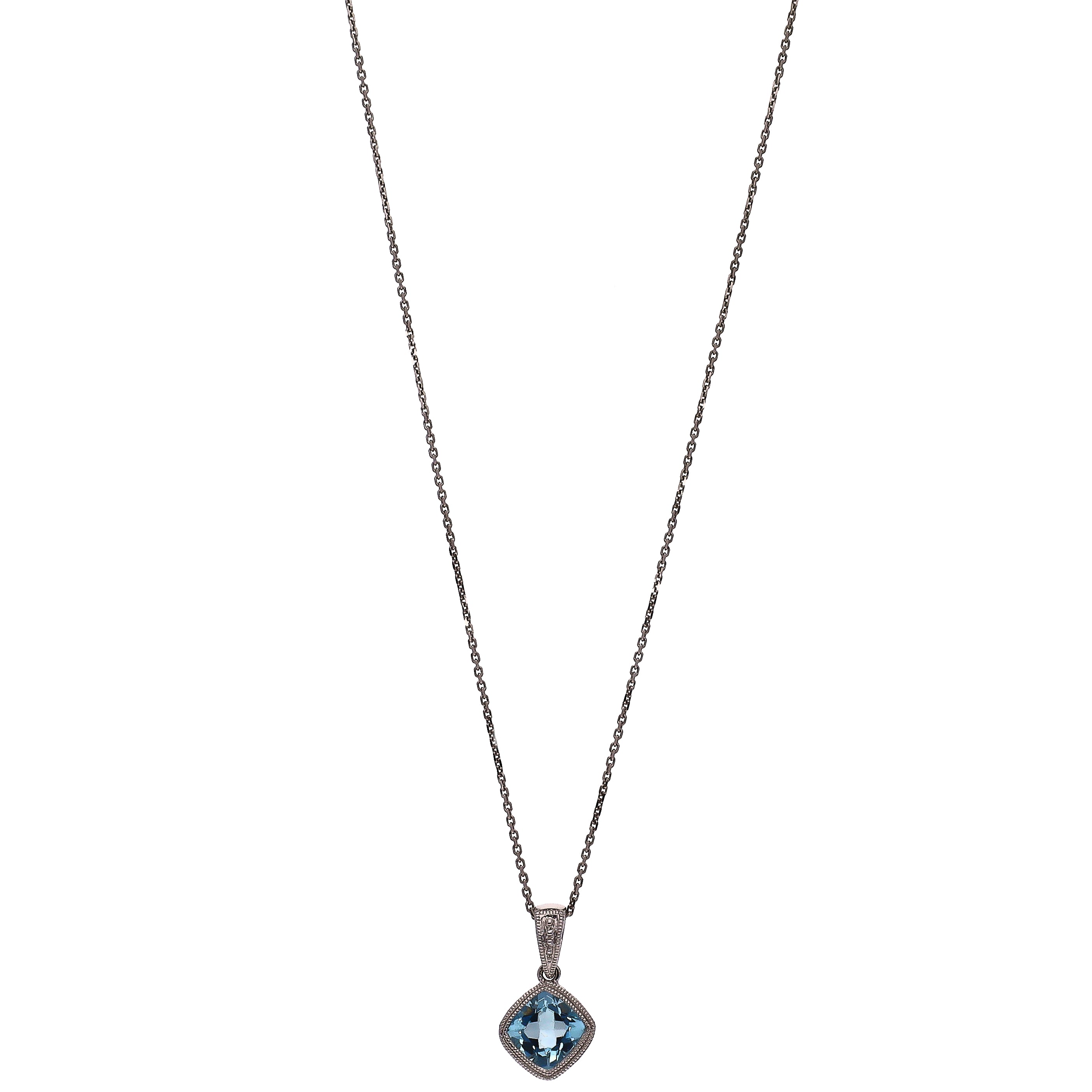 14K White Gold Cushion Cut Aqua Pendant 18" Necklace