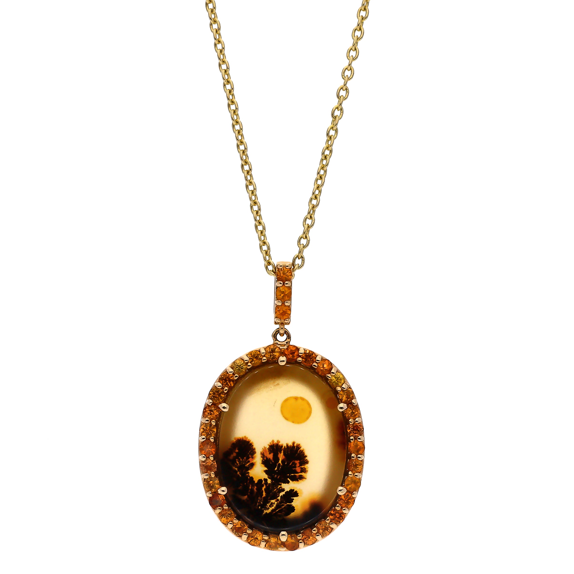 14K Yellow Gold Custom Design One-Of-A-Kind Oval Picture Agate w/ Orange Sapphire Accent 18" Necklace