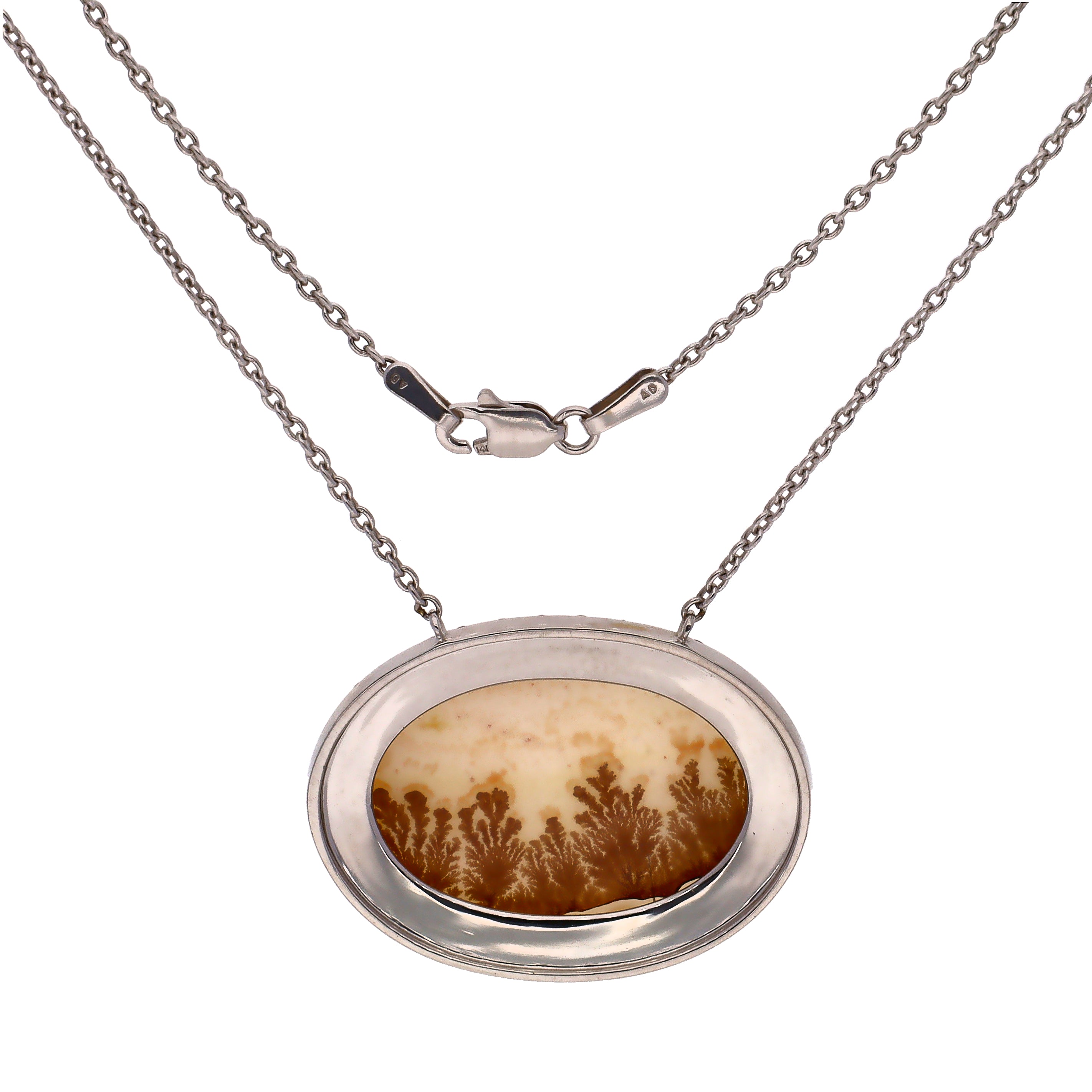14K White Gold Custom Design One-Of-A-Kind Oval Picture Agate w/Brown Diamond & White Accent Necklace