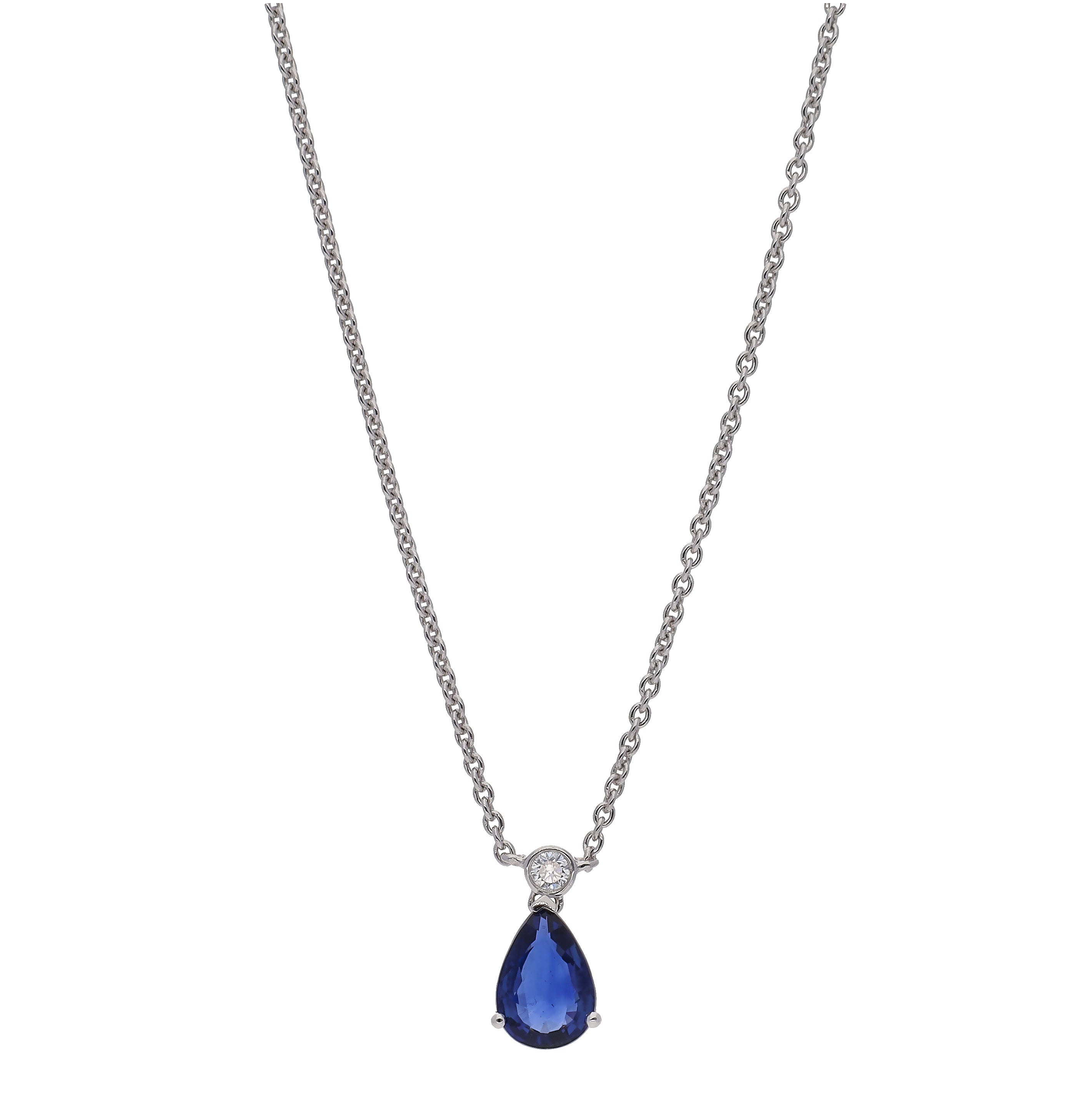 18K White Gold Pear Shaped Sapphire and Diamond Pendant 16" Necklace
