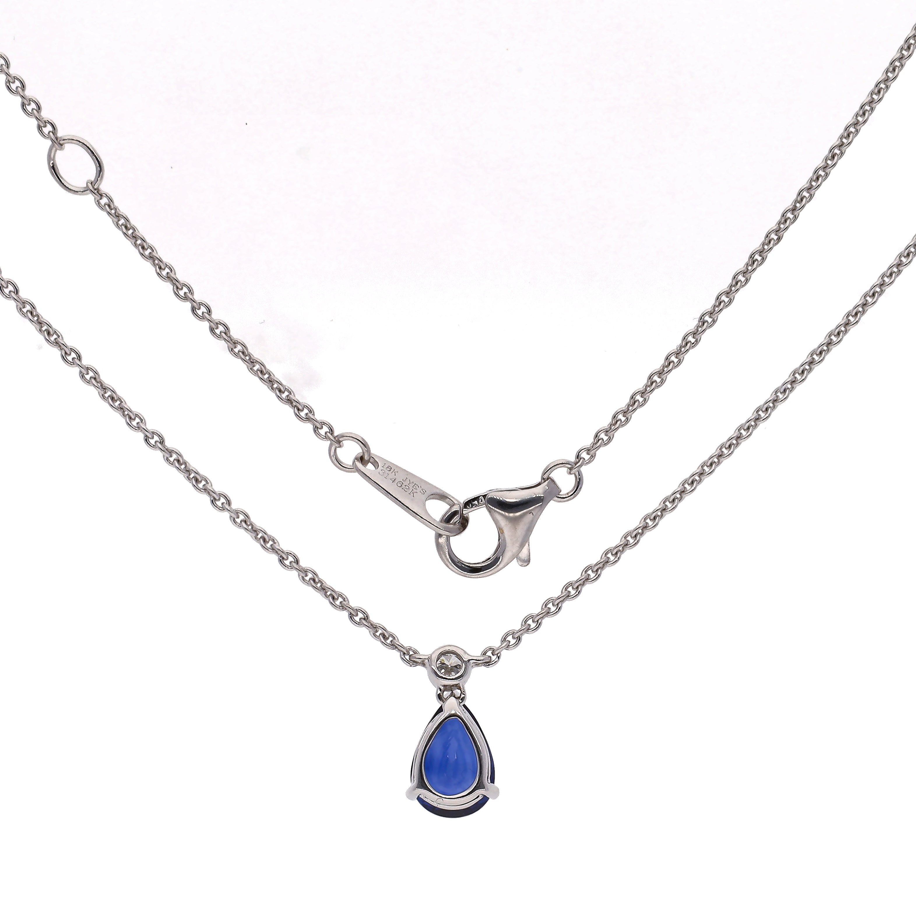 18K White Gold Pear Shaped Sapphire and Diamond Pendant 16" Necklace